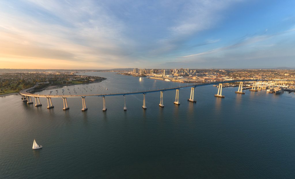 An aerial view of the San Diego-Coronado Bridge. The bridge connects the California cities of Coronado and San Diego over the San Diego Bay.