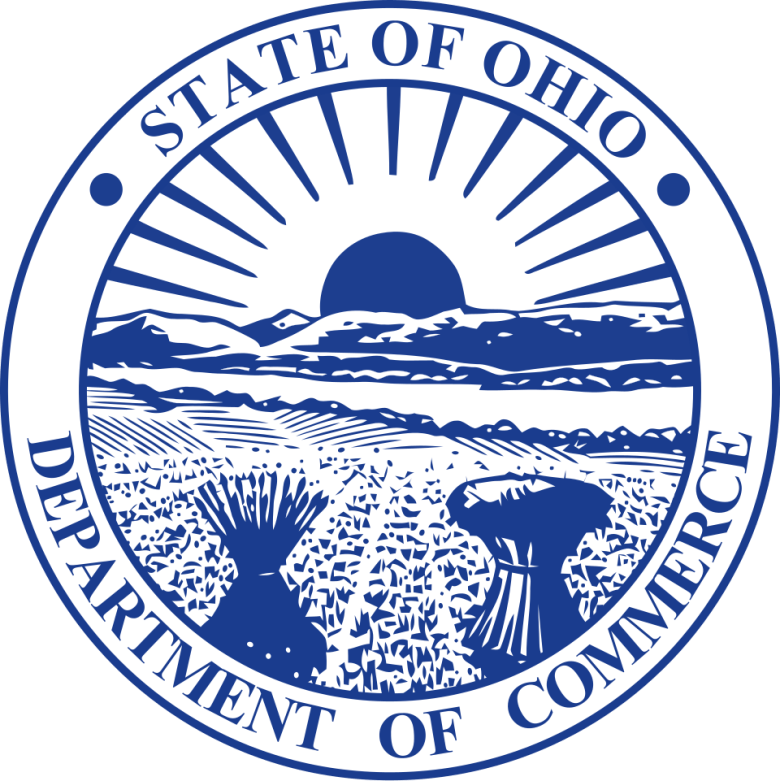 Circular blue seal of the Ohio Department of Commerce on a white background.