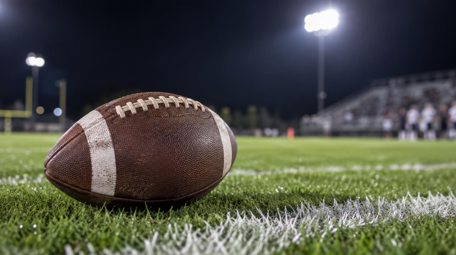 An American football resting on green grass near a white yard line under bright stadium lights.