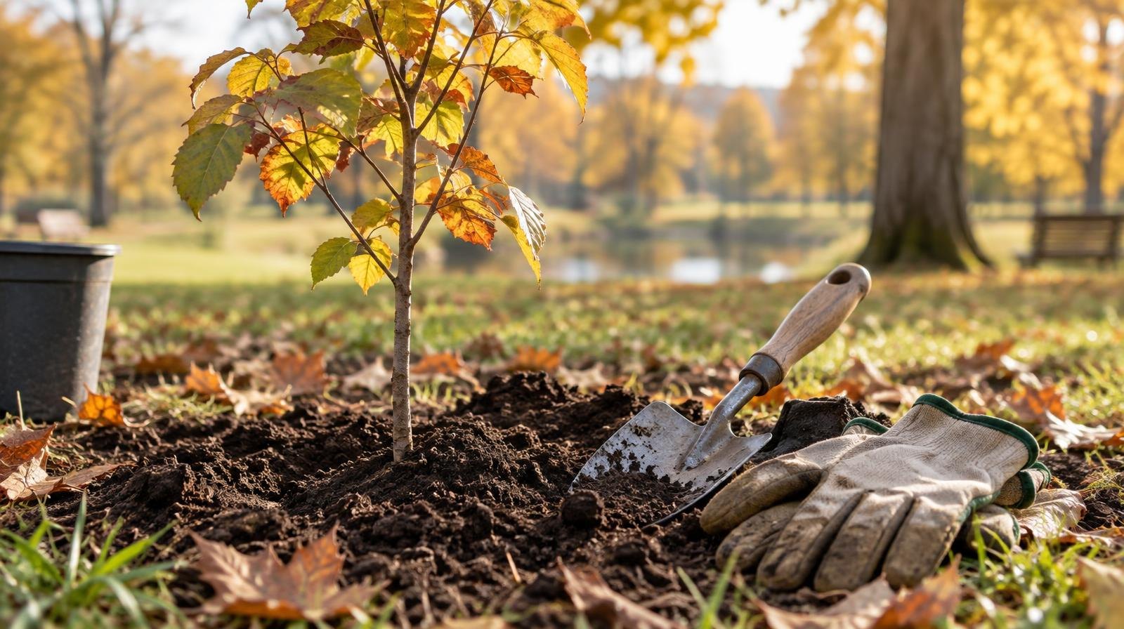 A small tree sapling in soil beside a shovel and gardening gloves outdoors.