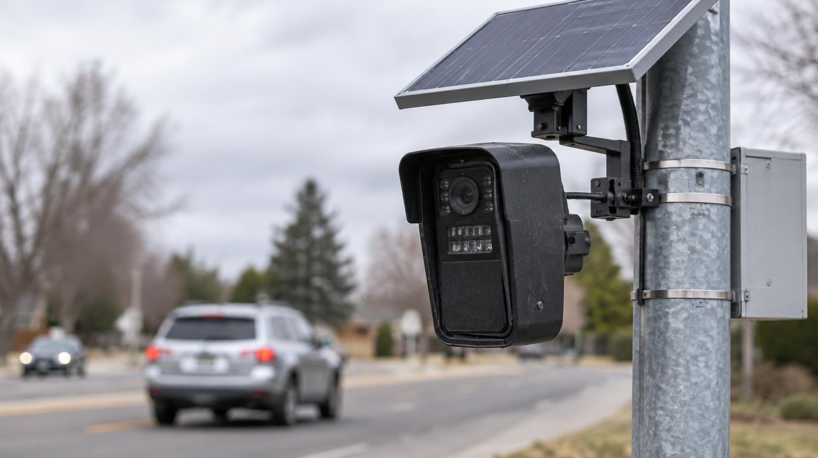 A solar-powered automated license plate reader camera mounted on a metal pole at a roadside.
