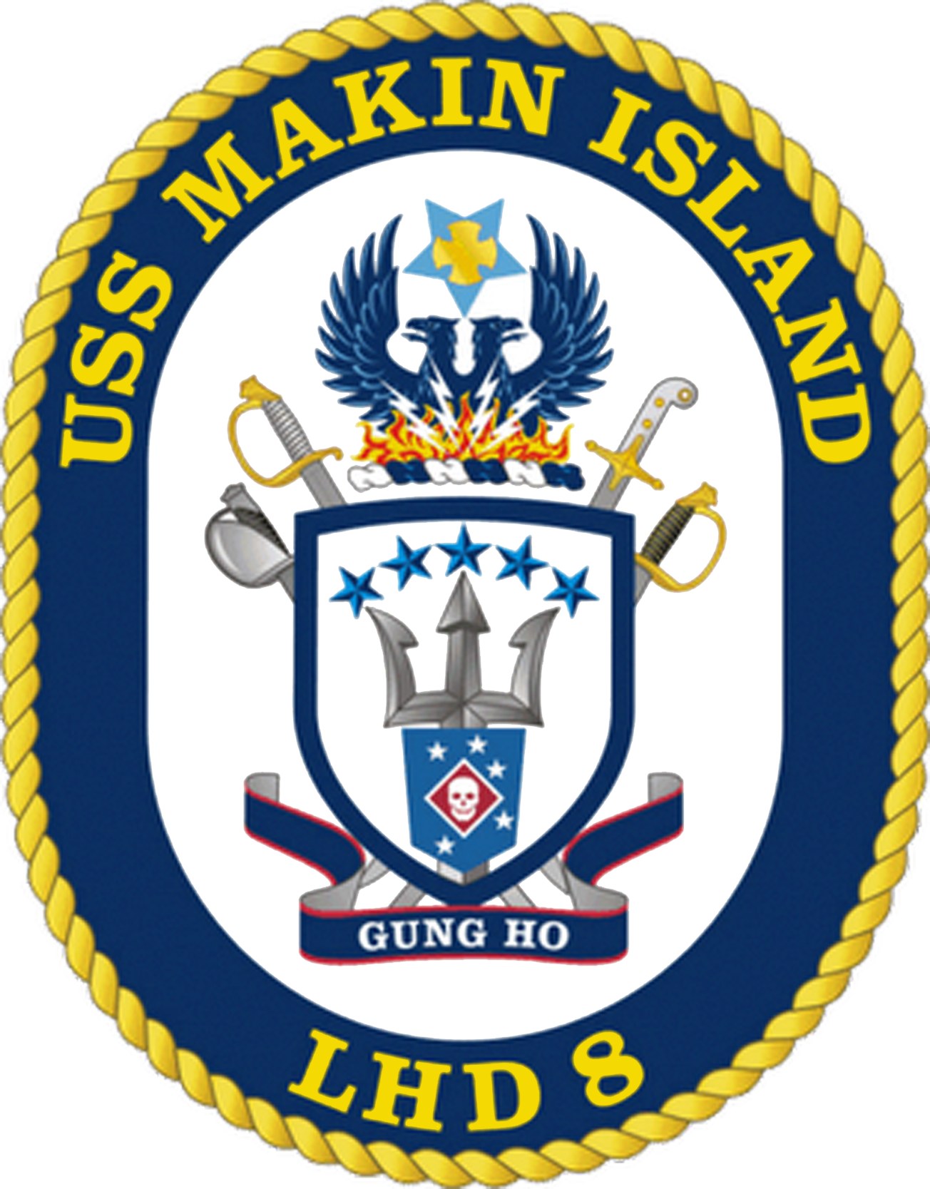 Official naval ship emblem featuring a shield with a trident, eagle, and crossed swords on a dark background.