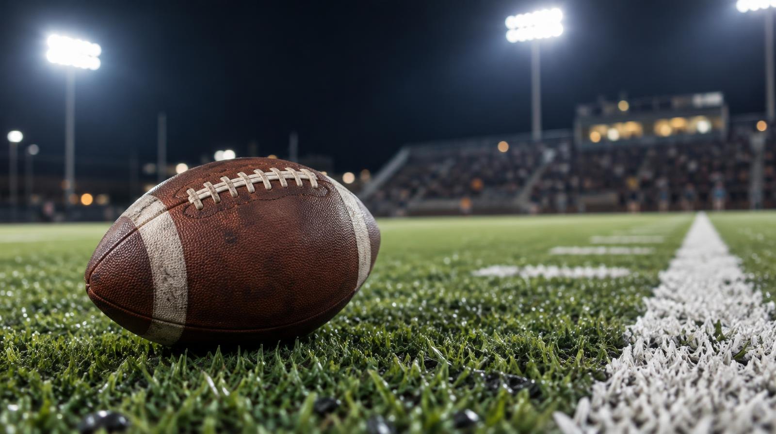An American football on green turf beside a white yard line under bright stadium lights.