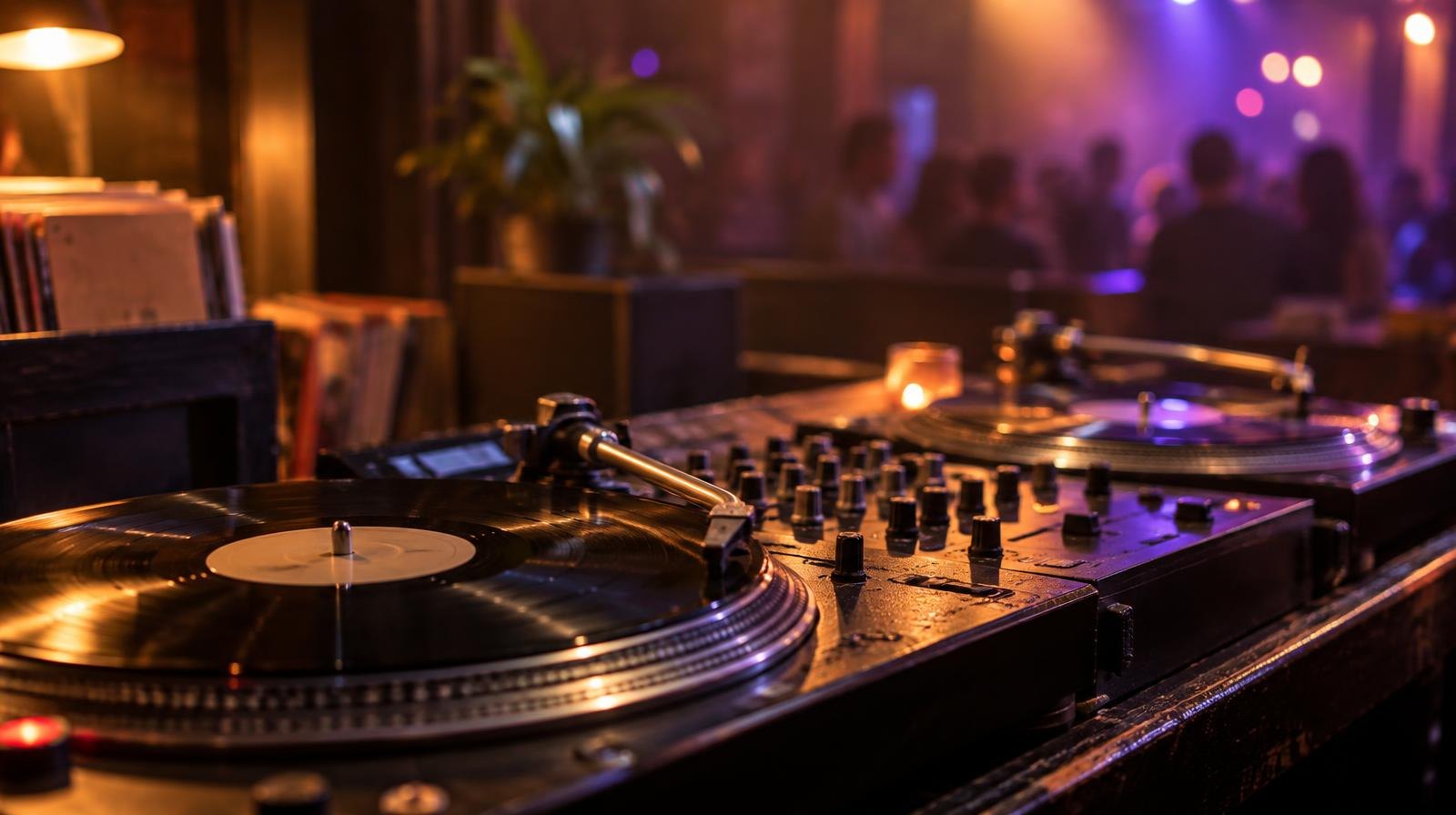 Two vinyl turntables and a mixer on a DJ booth under amber and purple stage lights.