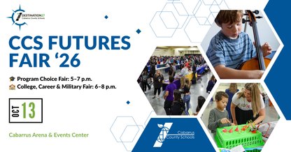 Promotional flyer for the CCS Futures Fair showing event date, times, and photos of students in activities.