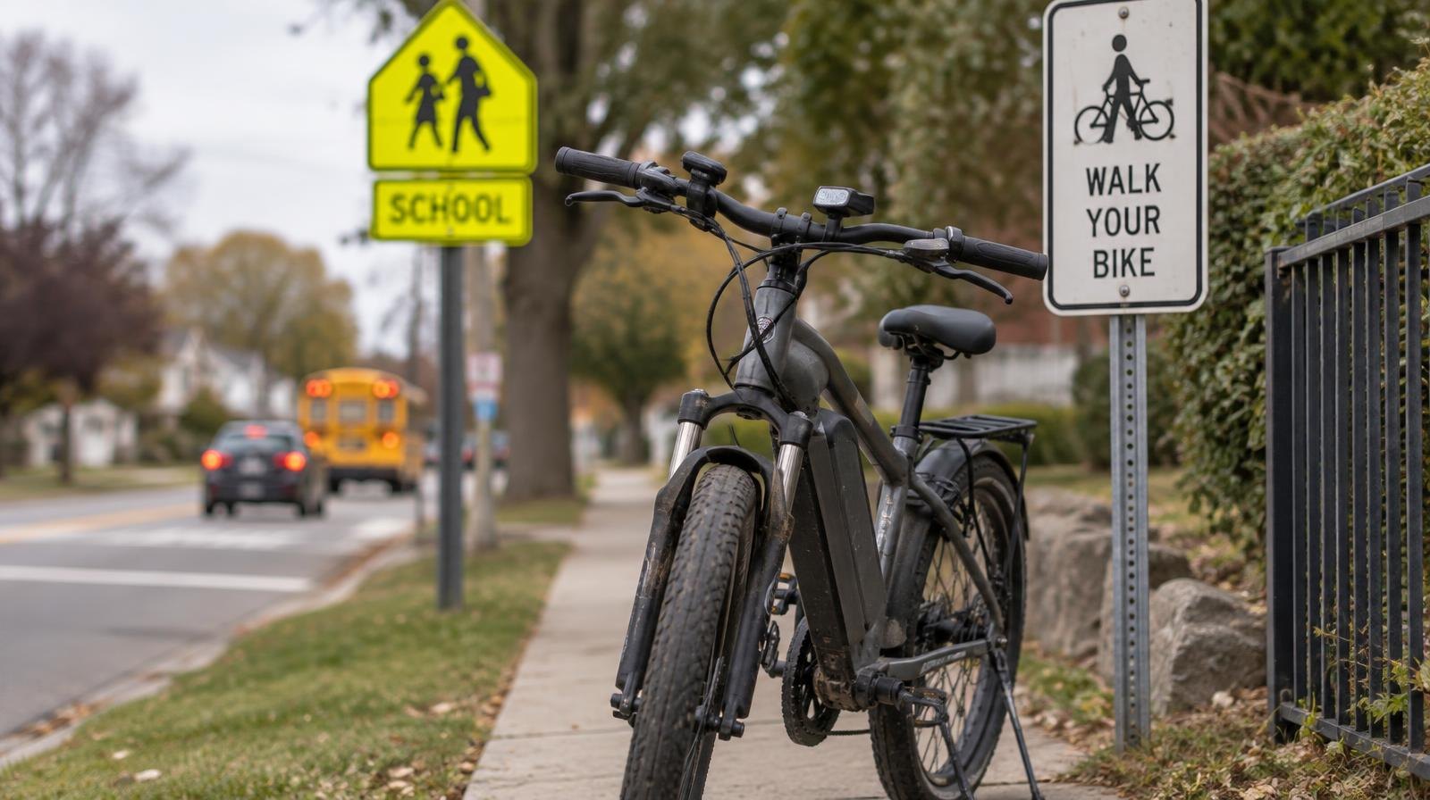 An electric bicycle parked on a narrow sidewalk beside a school zone sign.