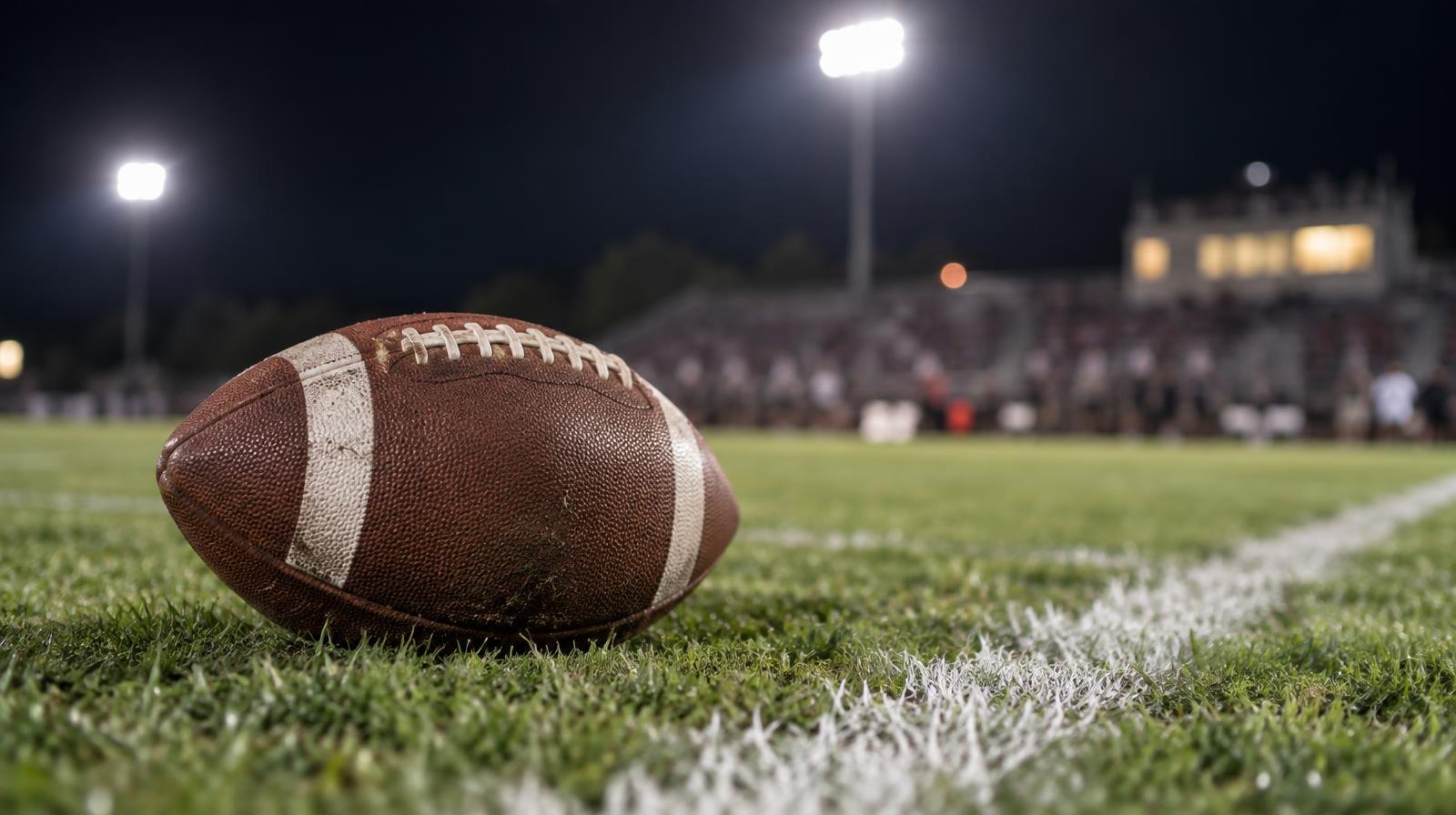 An American football resting on green grass near a white yard line under bright stadium lights.