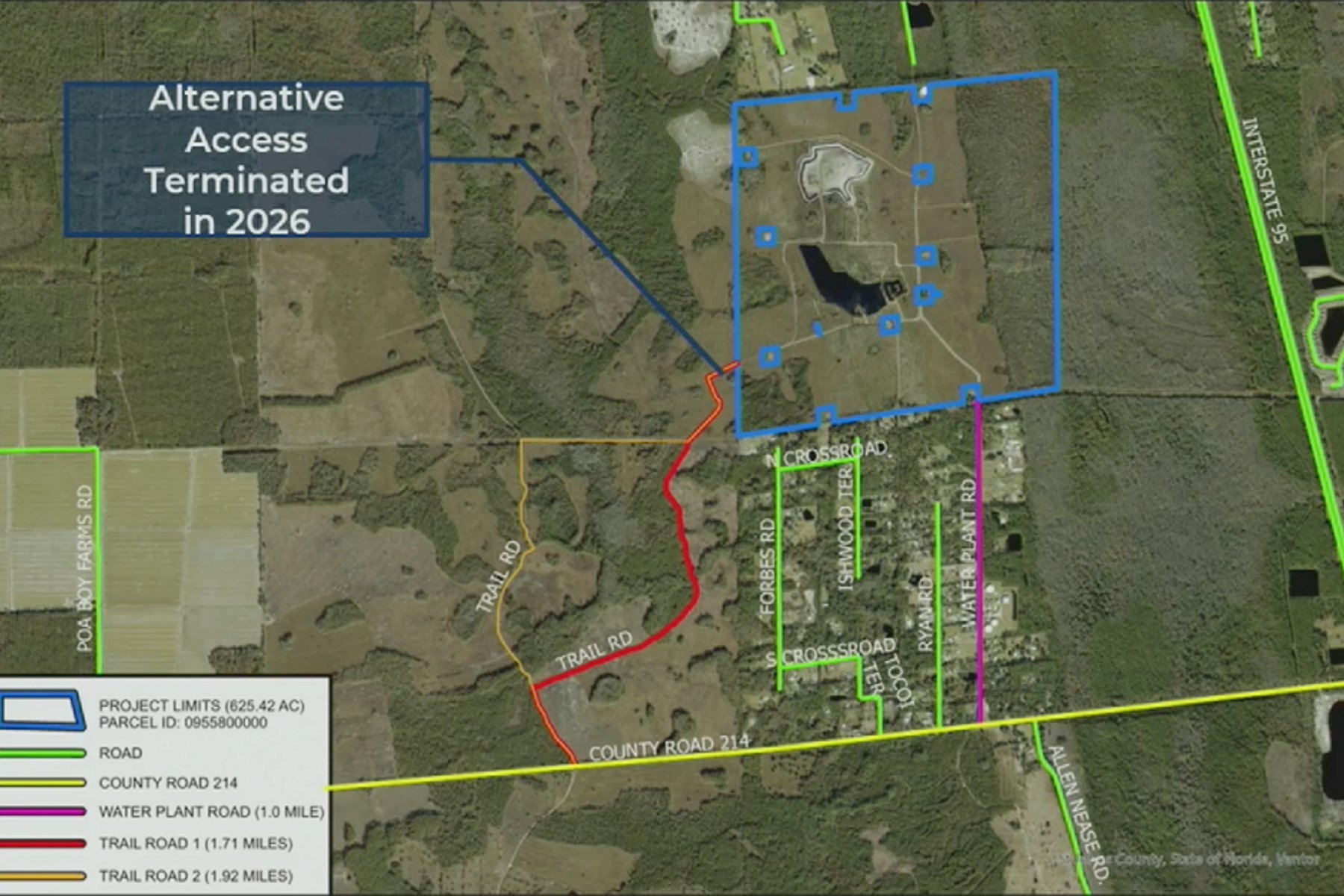 Satellite map showing borrow pit boundary, Water Plant Road, and County Road 214.