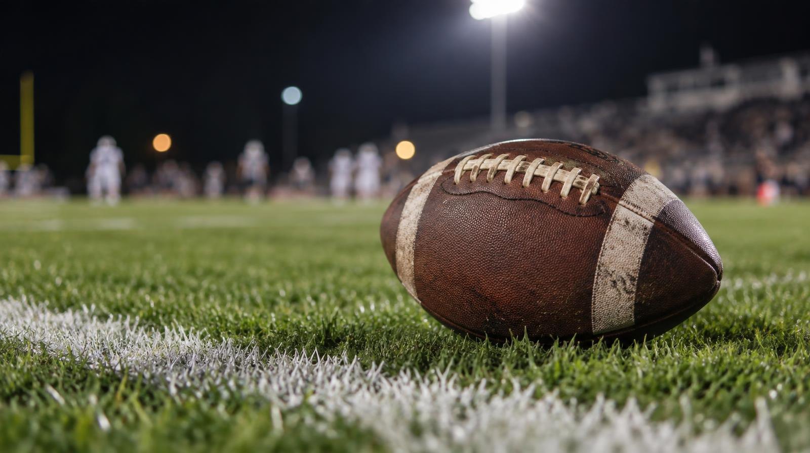 An American football resting on green grass beside a white painted yard line.