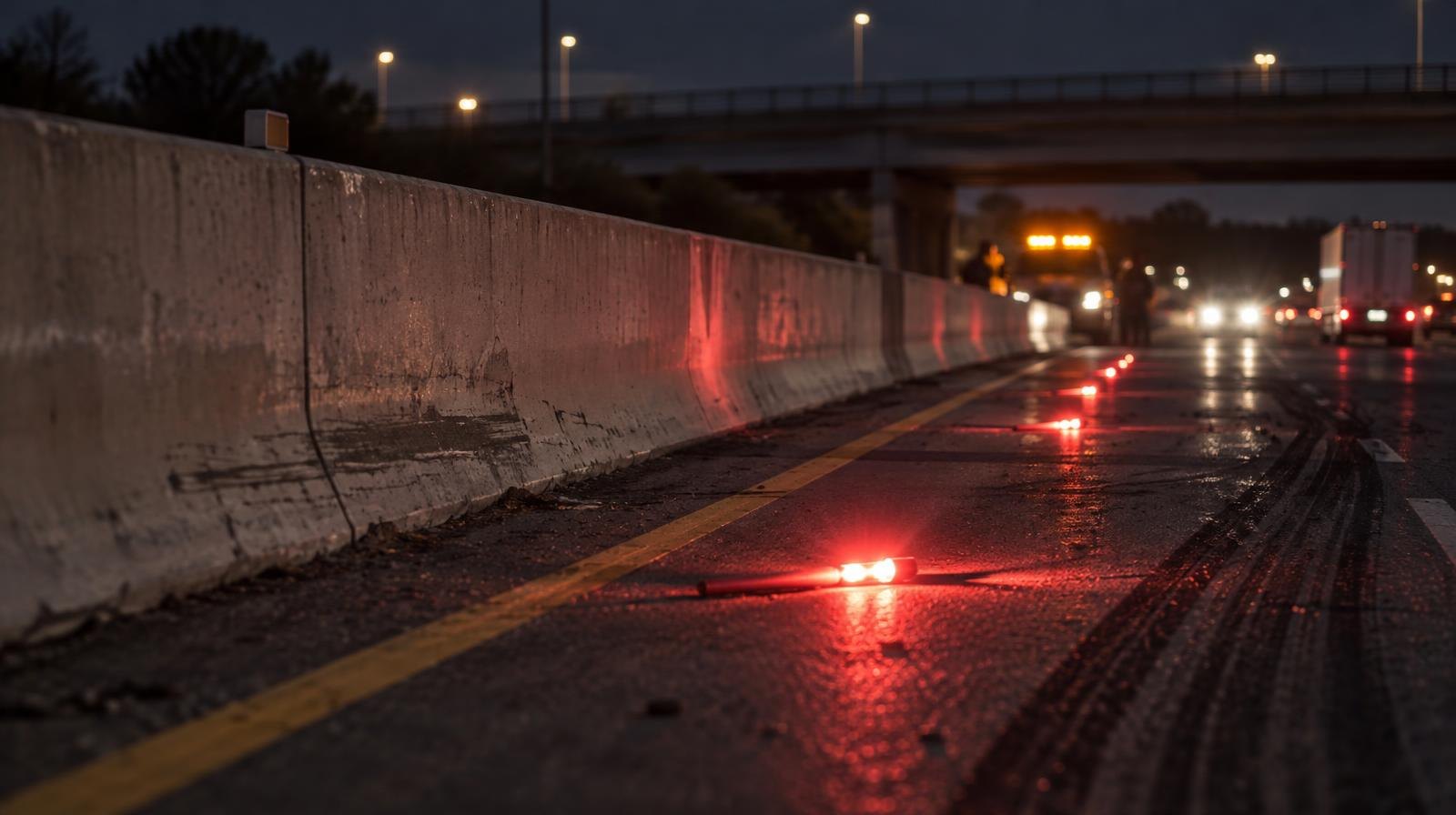 Concrete highway divider barrier along a dark interstate with emergency flares glowing.