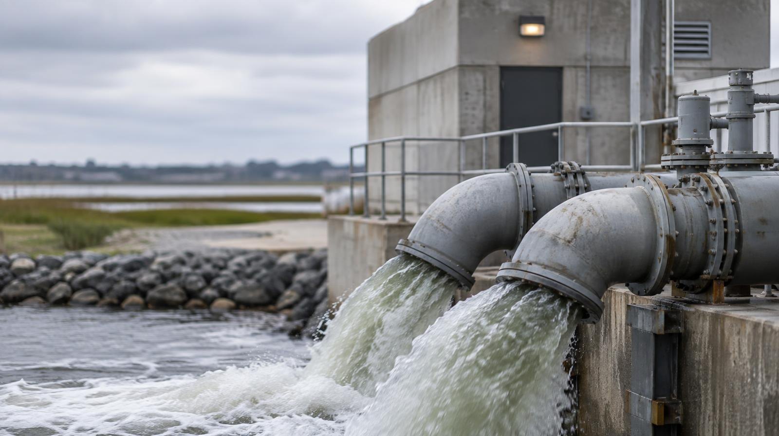 Industrial stormwater pump station with large pipes and concrete housing outdoors.