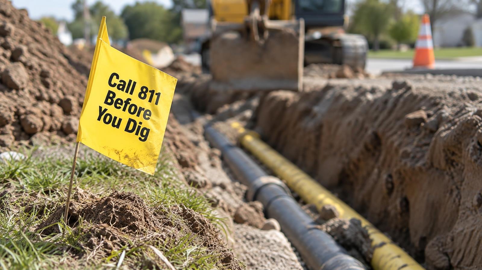 Yellow utility marker flag planted next to an open trench with exposed underground pipes.