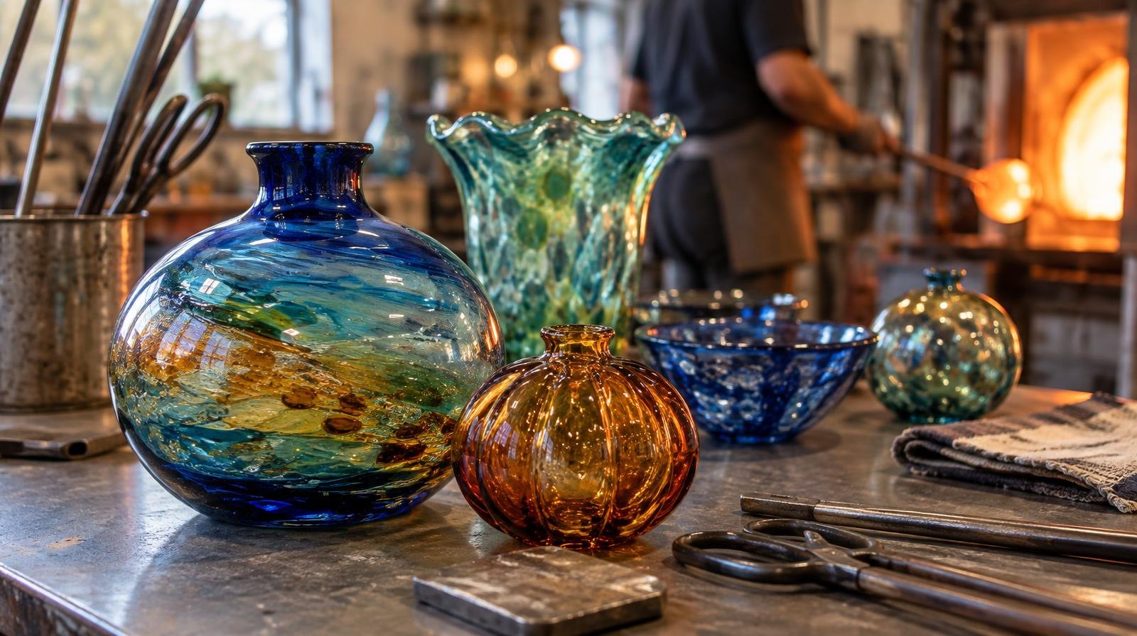 Vivid blue, green, and amber glass art pieces arranged on a studio work surface.