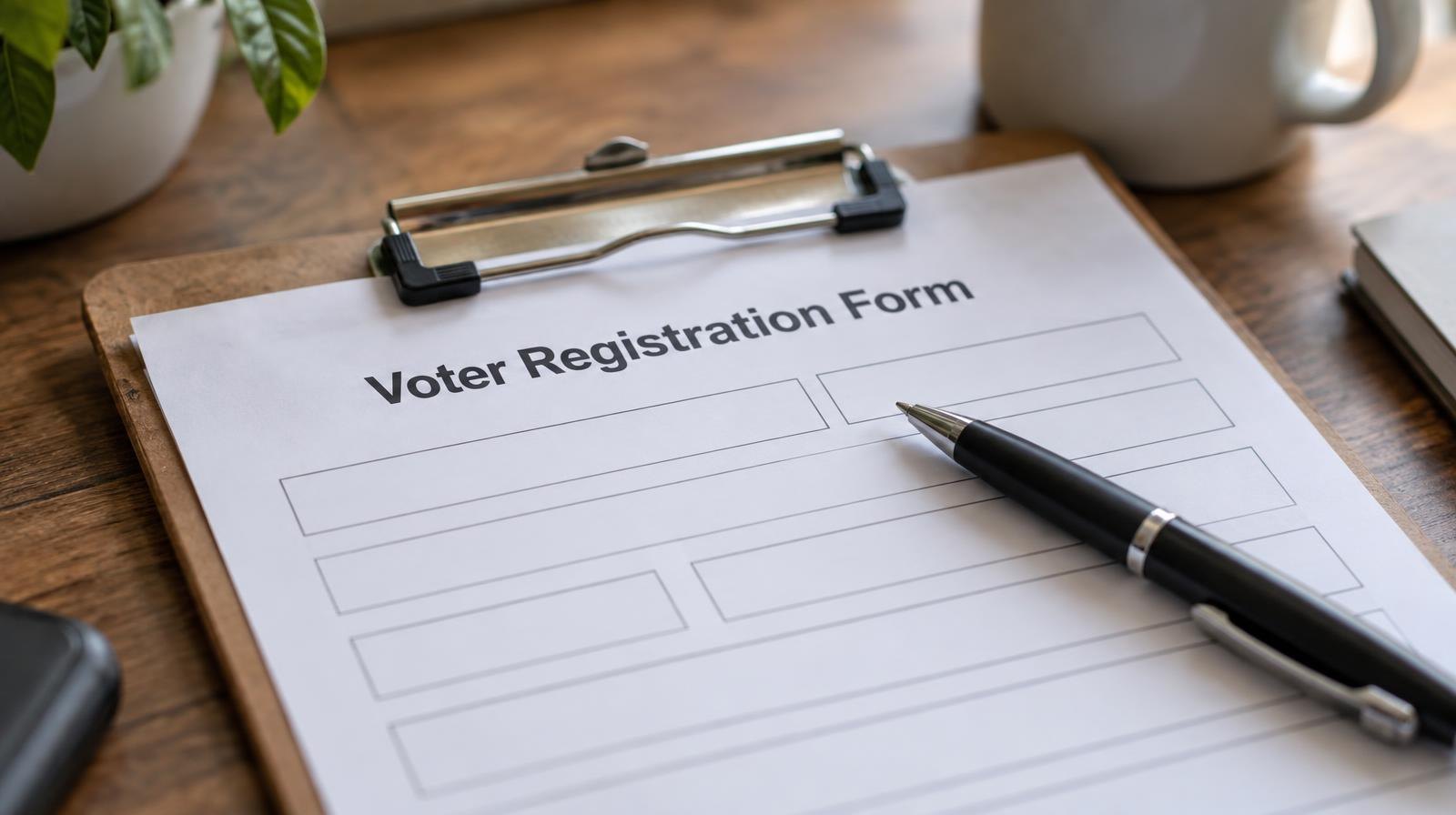 Blank voter registration form on a clipboard with a pen resting on top.