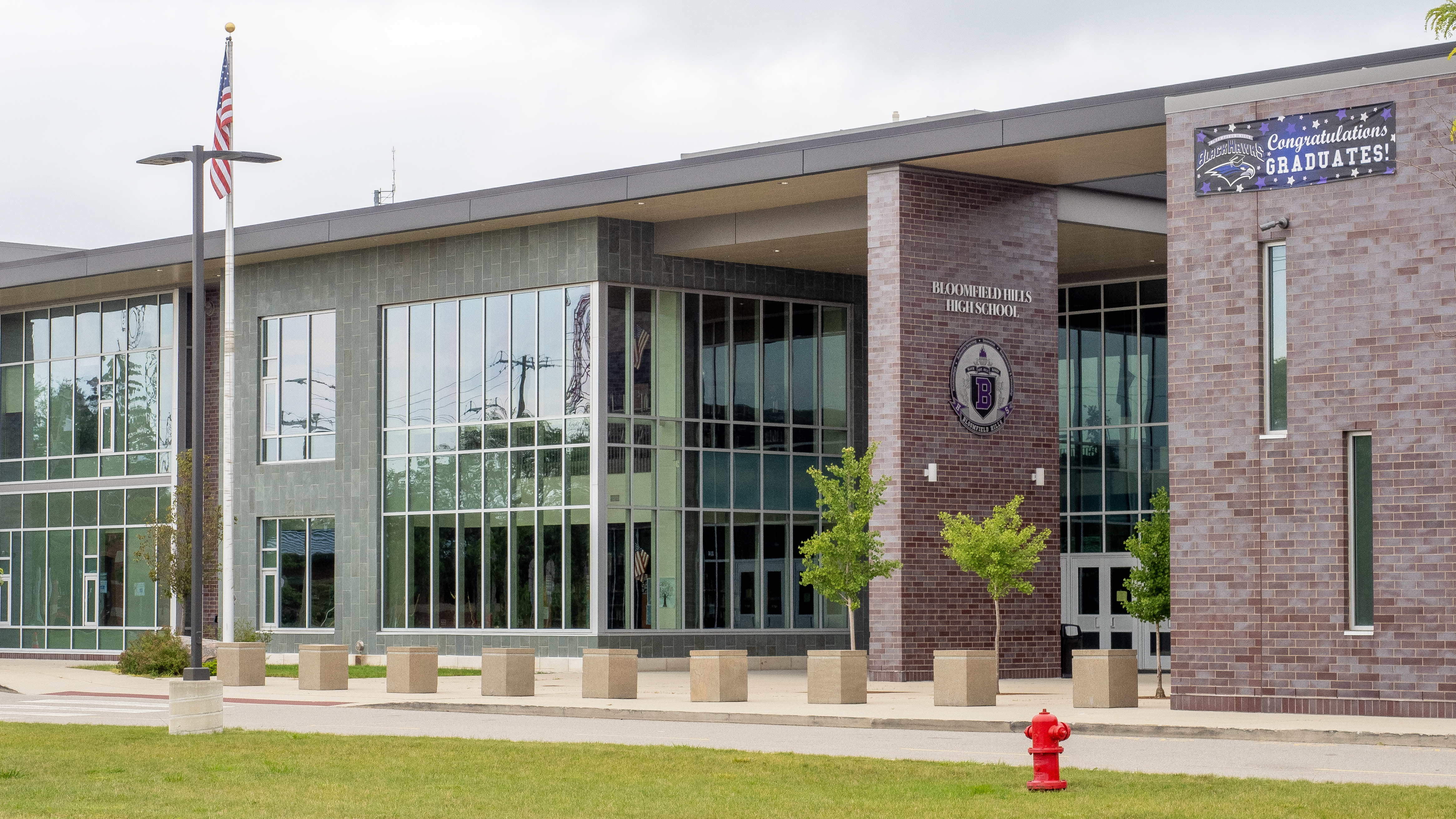 Exterior of Bloomfield Hills Highschool.