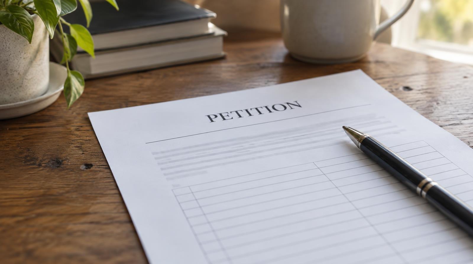 A pen resting beside a document on a wooden desk in natural light.