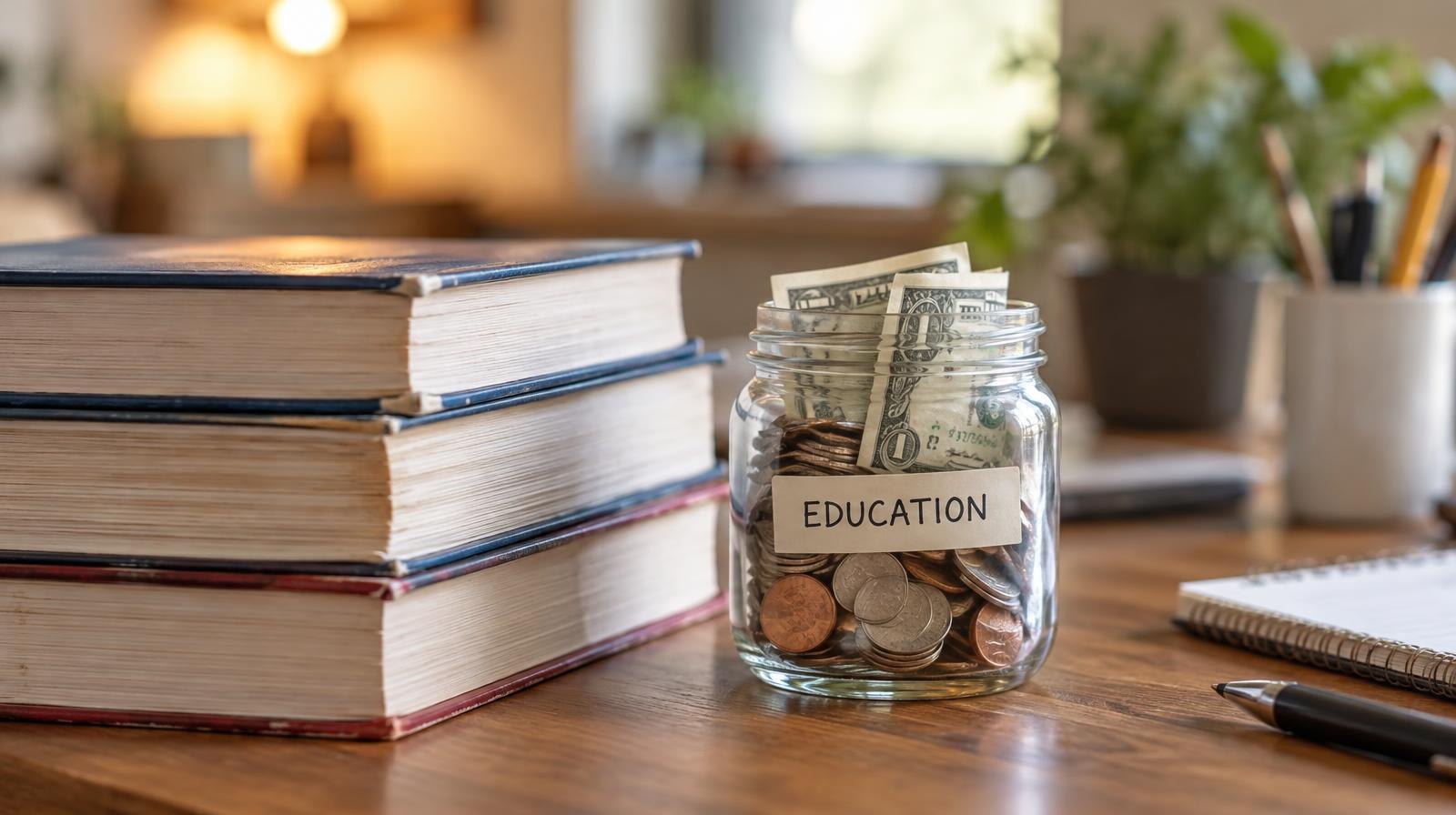 Stack of textbooks next to a glass jar of coins and dollar bills on a wooden desk.