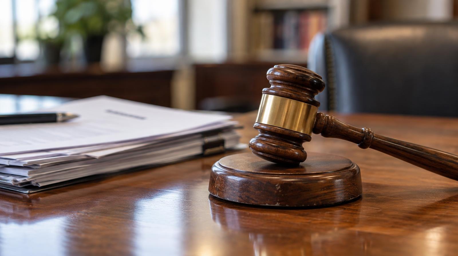 Wooden gavel on its sound block next to stacked documents on a polished table.