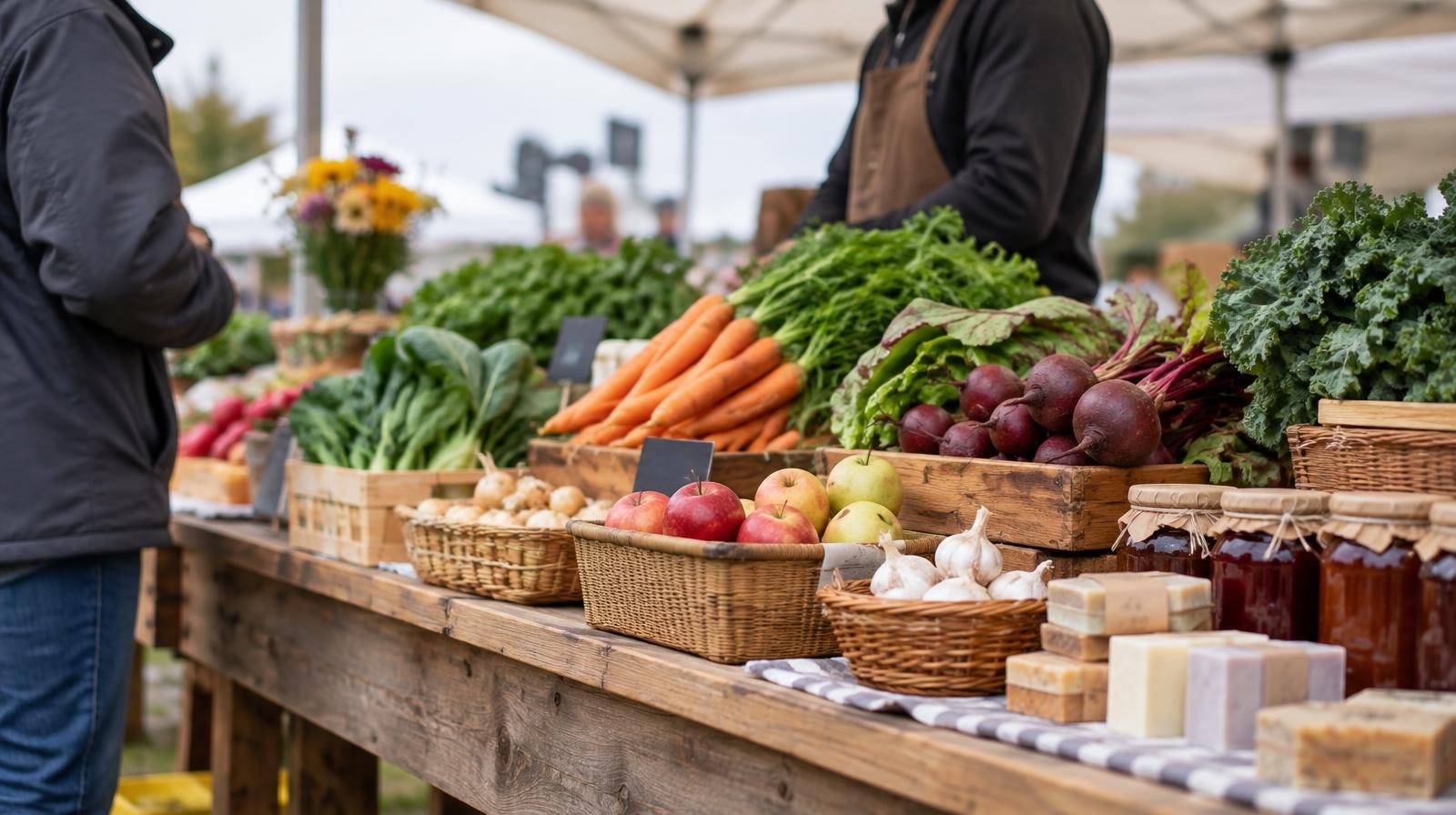 A wooden market stall with produce and goods under a canvas tent outdoors.