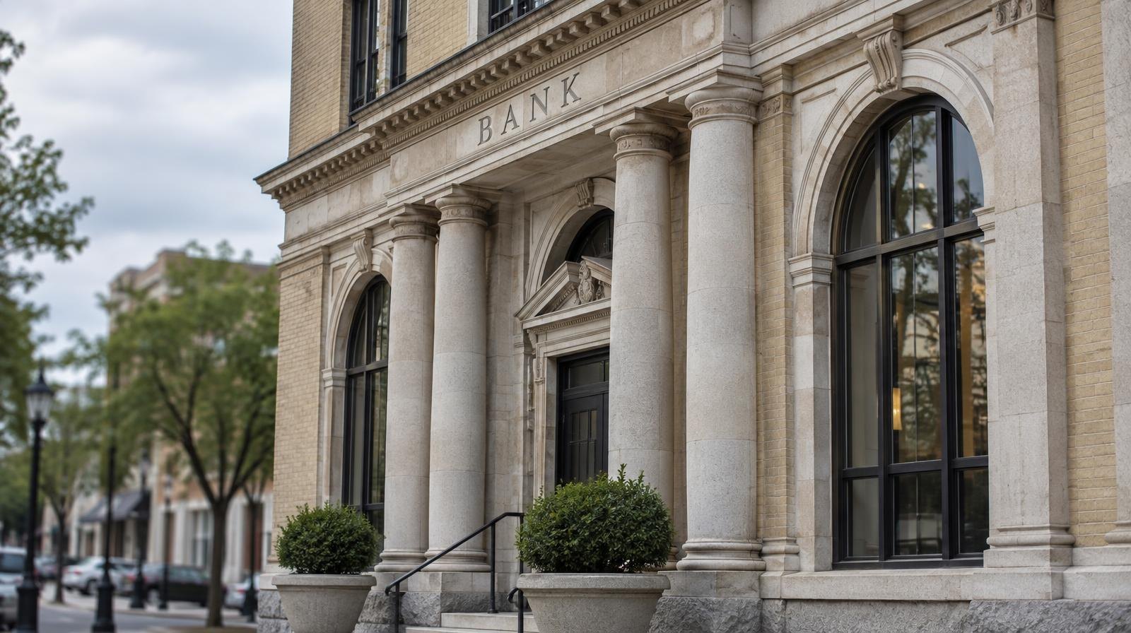 Classical Revival bank building facade with arched windows and stone columns.