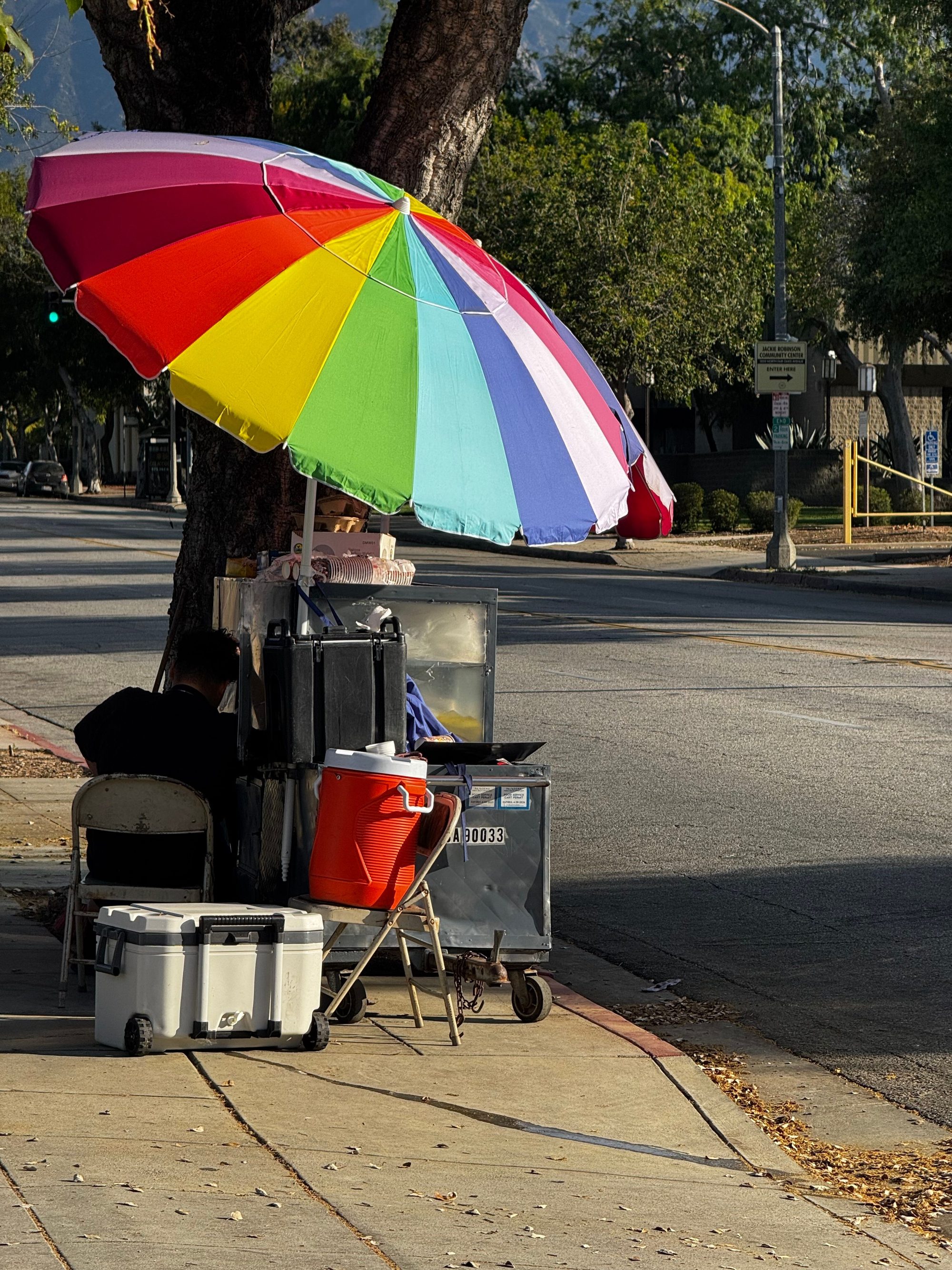 Vivid umbrella shades a street vendor stall in sunny Los Angeles, California.
