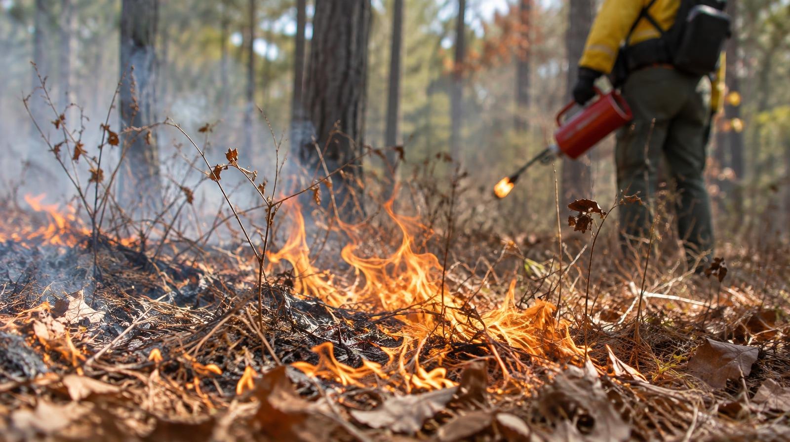 Low orange flames spread through dry brush and fallen leaves on a pine forest floor.