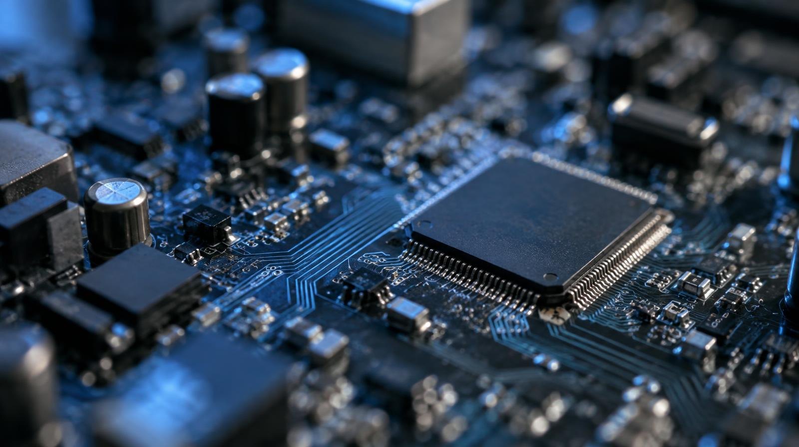 Close-up of a glowing circuit board with blue-lit interconnected nodes and pathways.