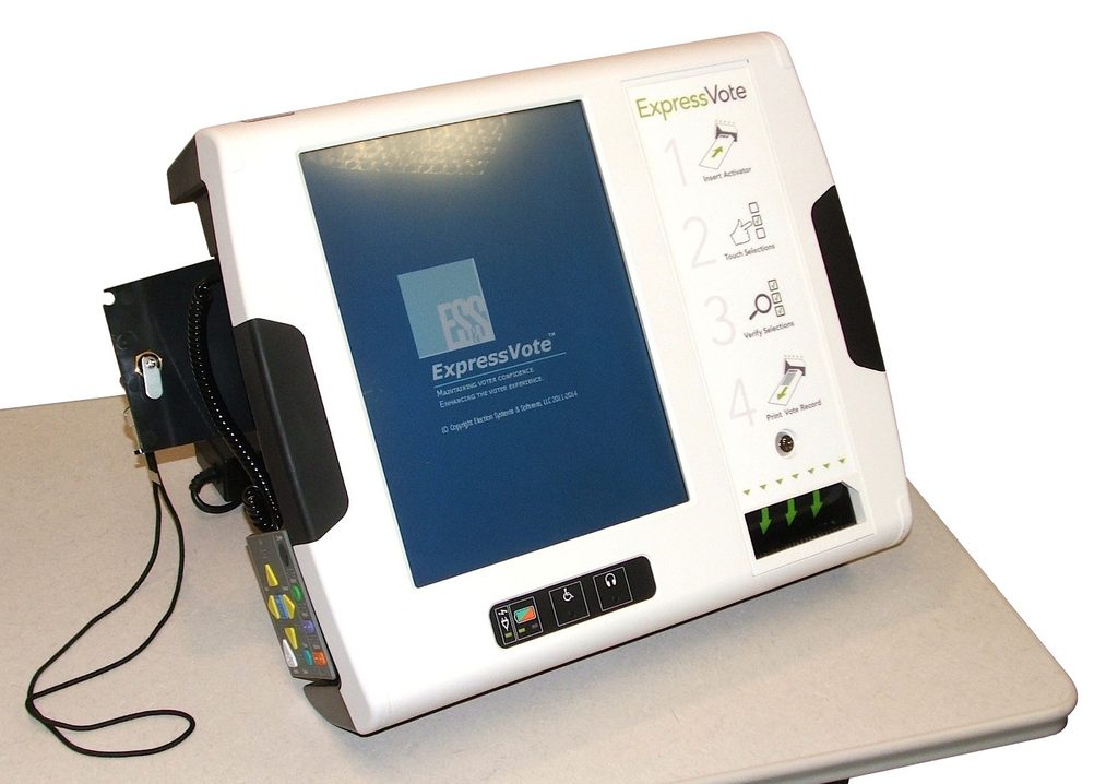 ExpressVote ballot-marking device with a touchscreen and paper ballot.