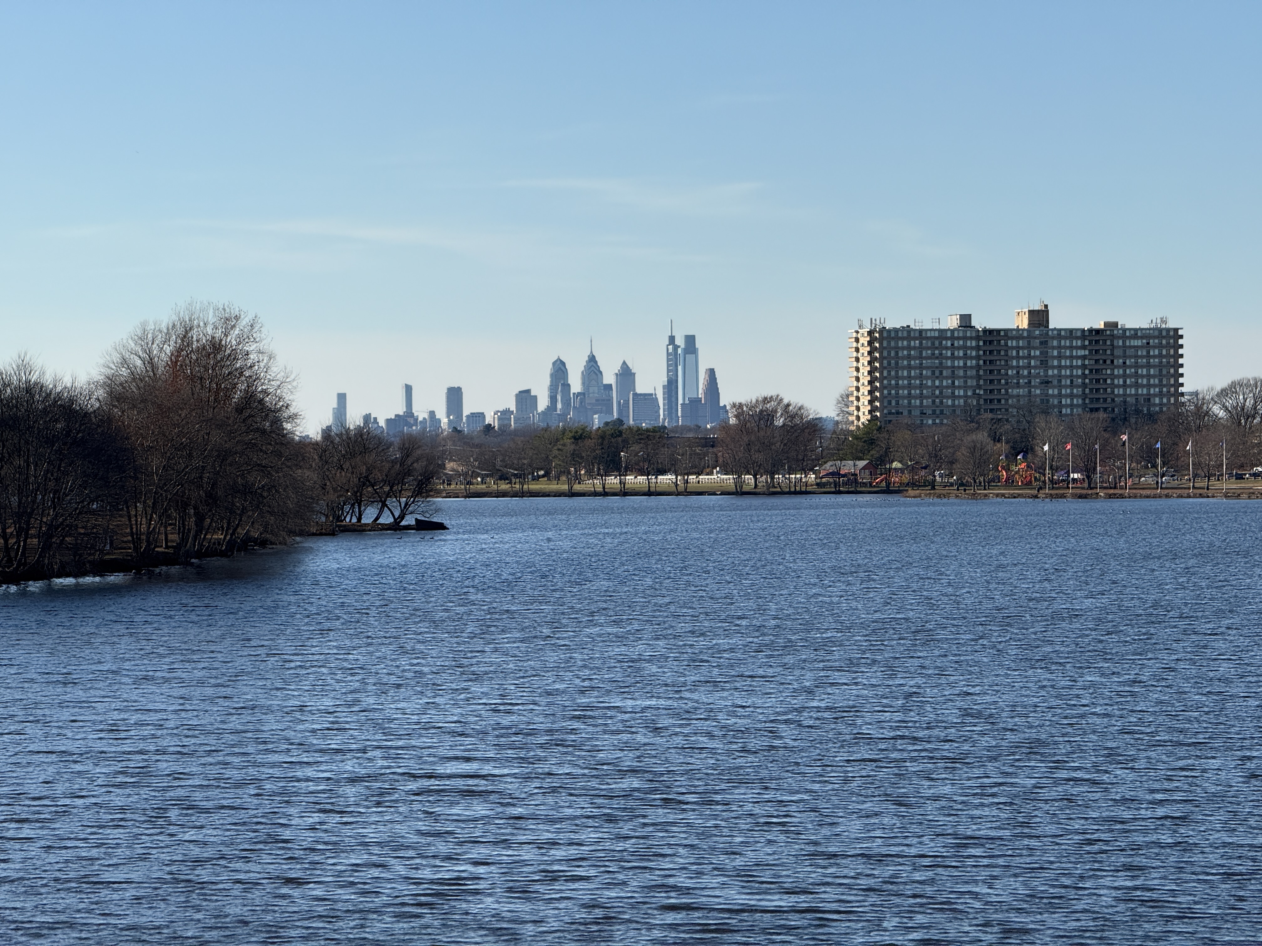 Calm lake with bare winter trees on a small peninsula and a distant city skyline.