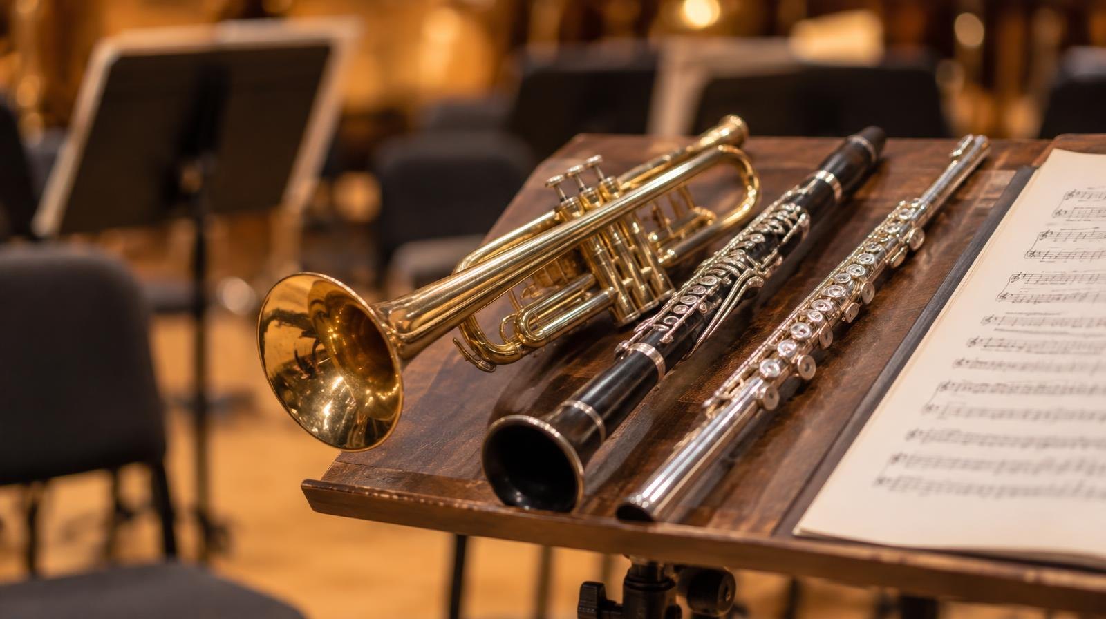 A trumpet, clarinet, and flute rest on a wooden music stand beside open sheet music.