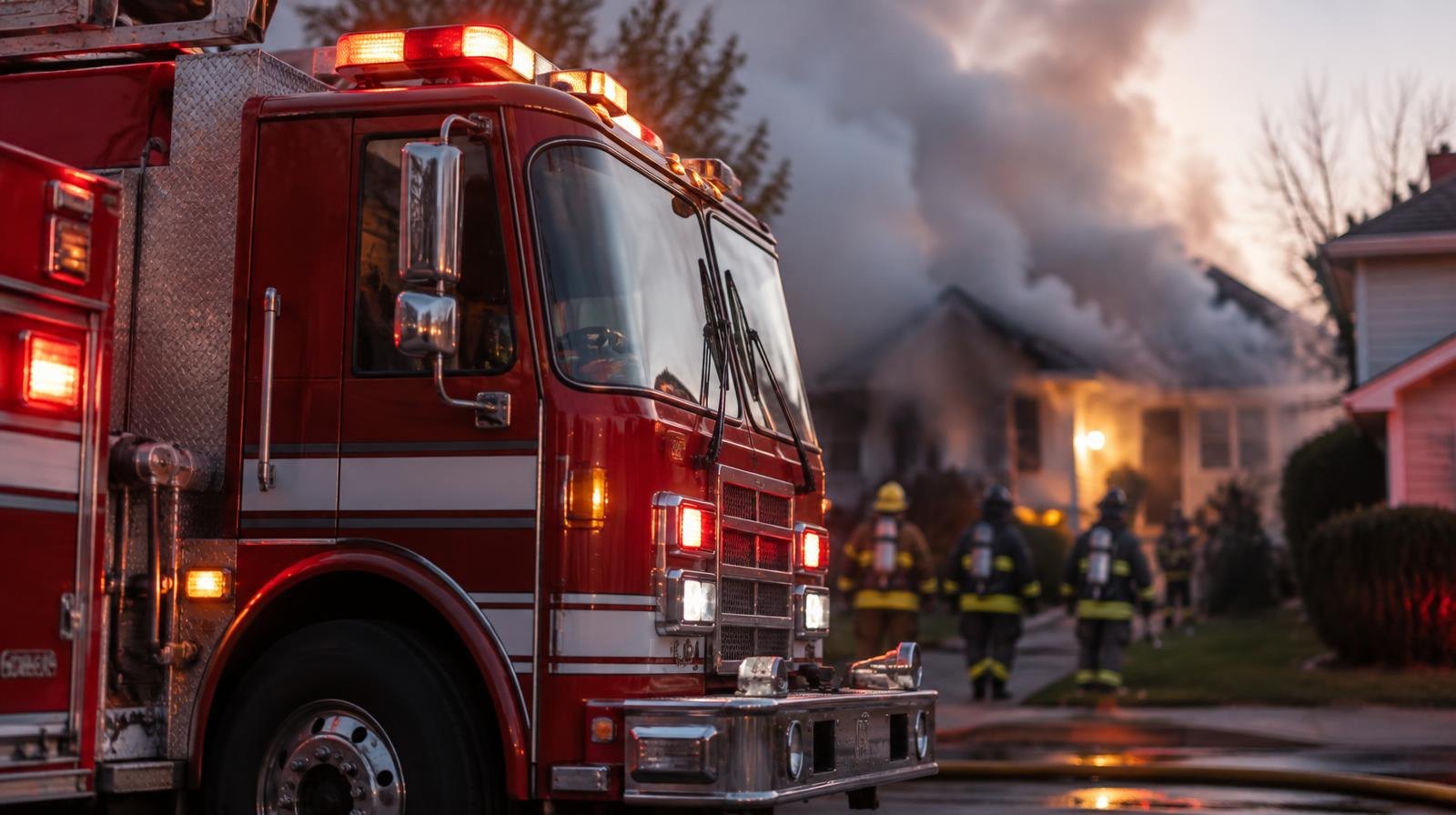 Red fire engine parked on a residential street with heavy smoke rising nearby at dusk.