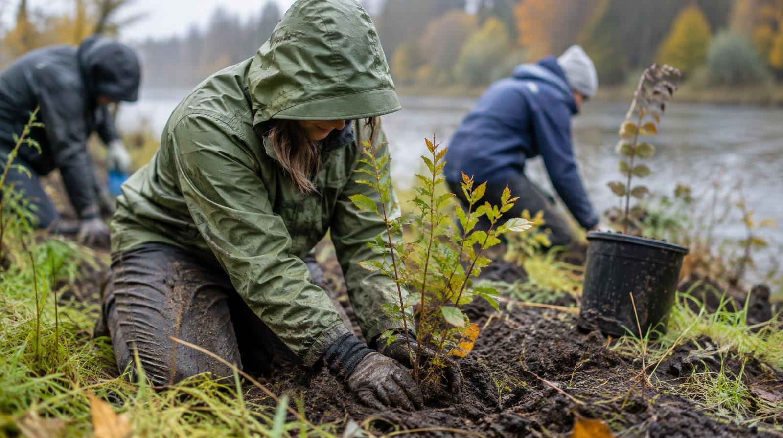People in rain gear kneel and plant shrubs along a muddy riverbank surrounded by green vegetation.