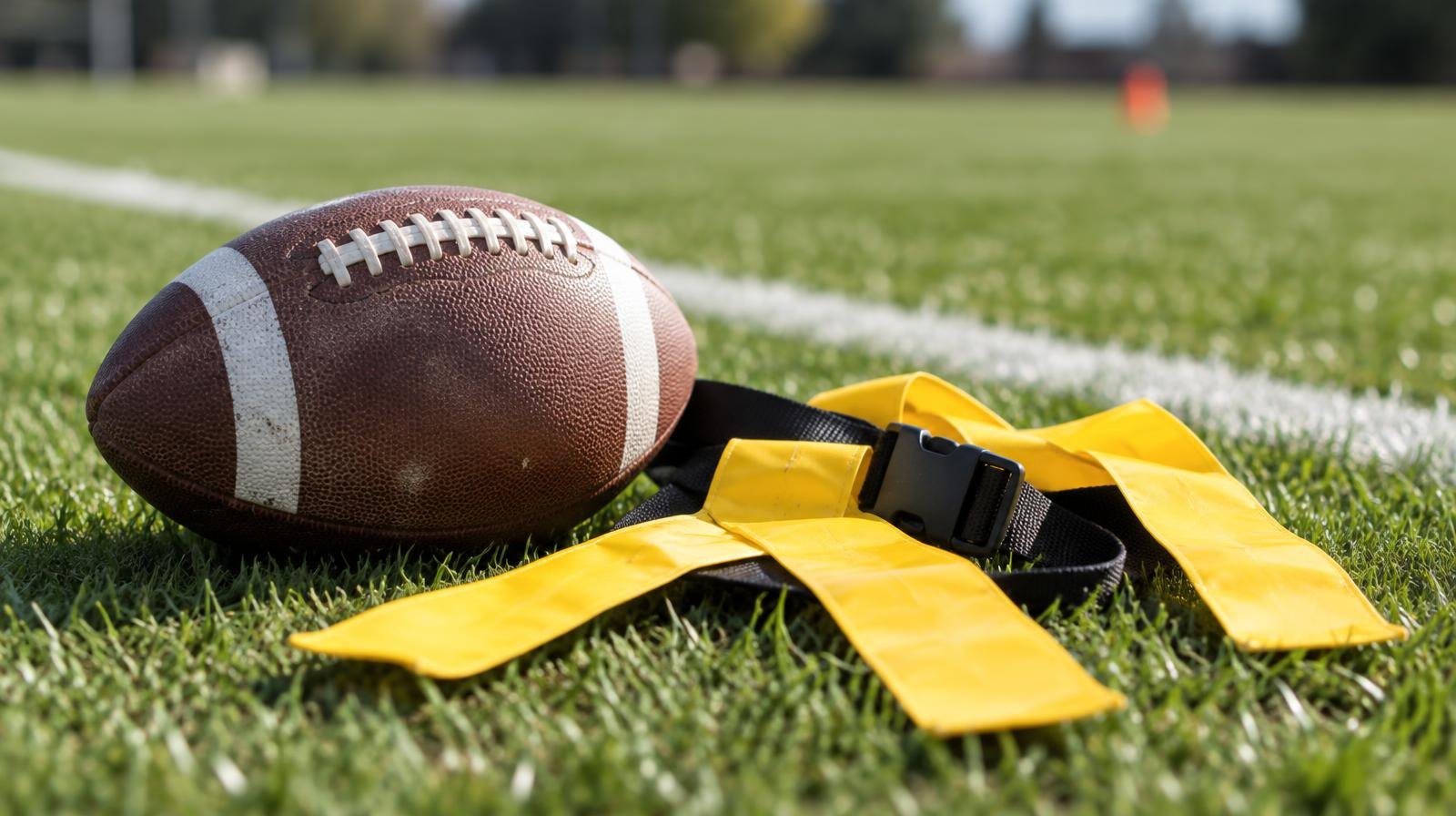 A football and flag football belts with flags laid out on green grass beside a yard line.