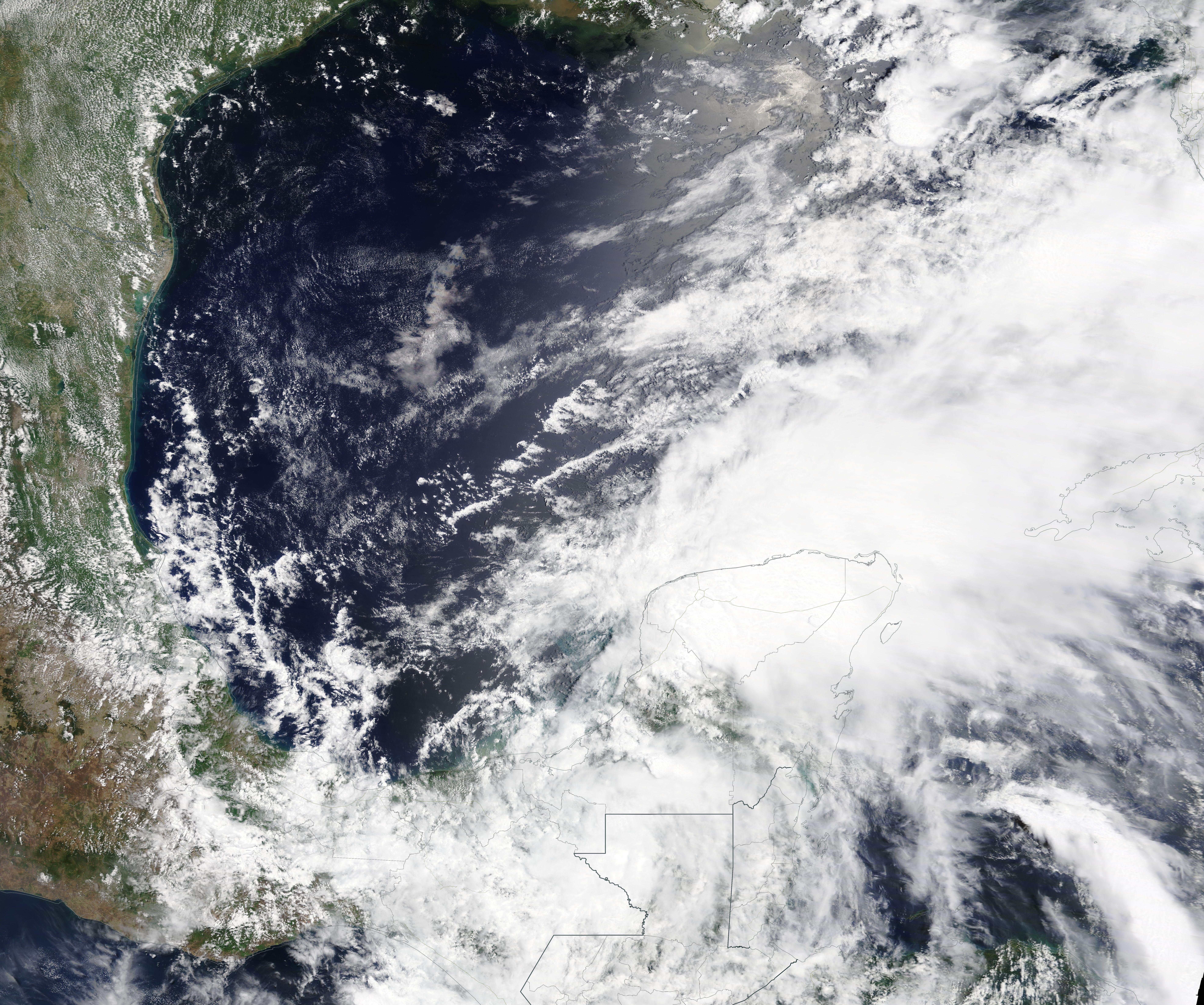Satellite view of a swirling tropical storm system over the Gulf of Mexico.