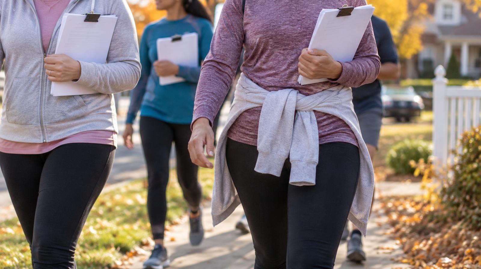 People walking together on a tree-lined suburban sidewalk on a sunny autumn day.