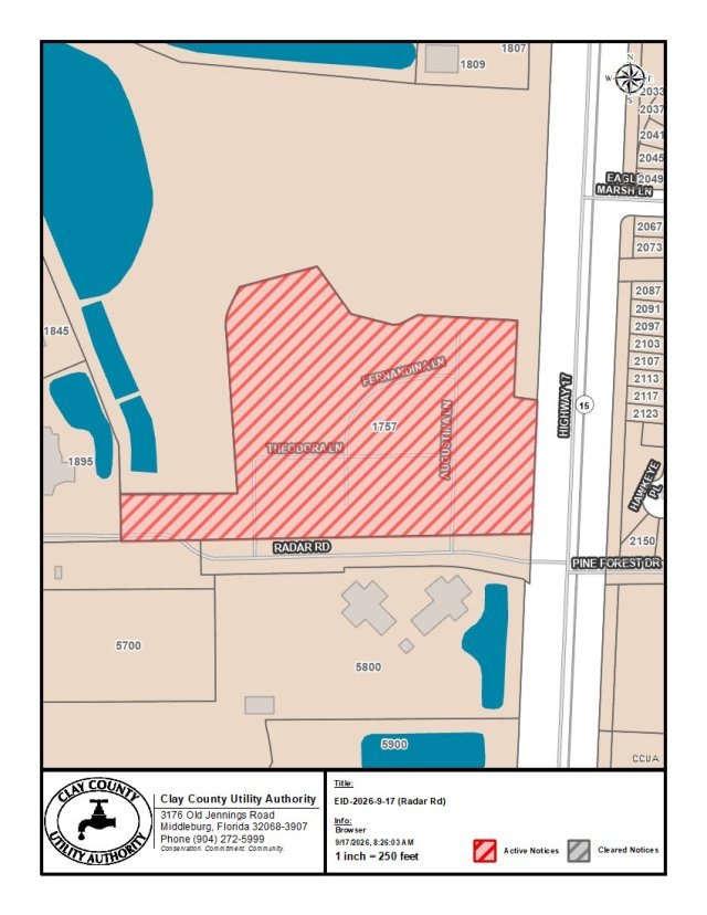 Utility parcel map with red-hatched area marking affected properties near Radar Road and Theodora Lane.