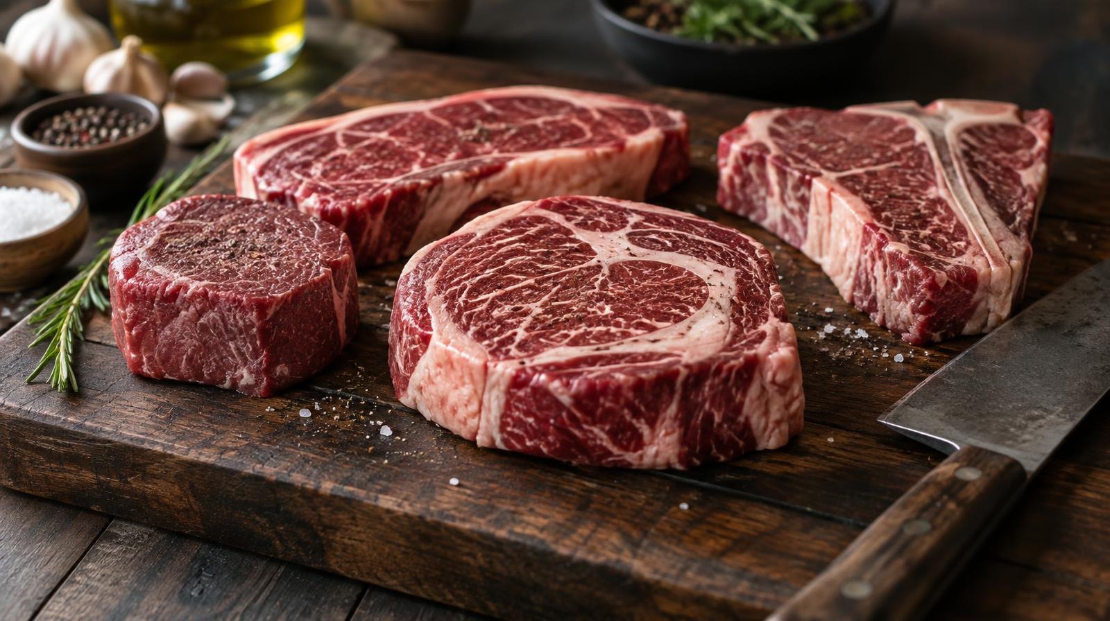 Raw steaks arranged on a dark wooden cutting board with a butcher's knife.