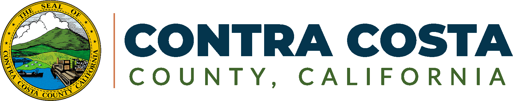 Wordmark reading Contra Costa County California with a small circular seal in navy and green.