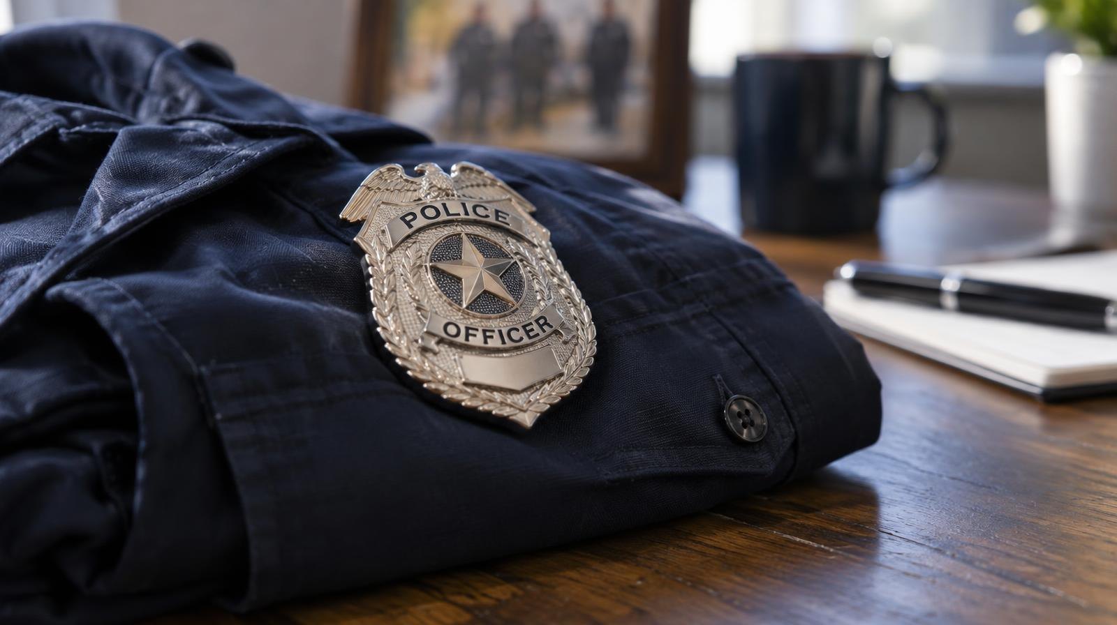 A shiny police badge resting on a folded dark navy uniform on a wooden table.