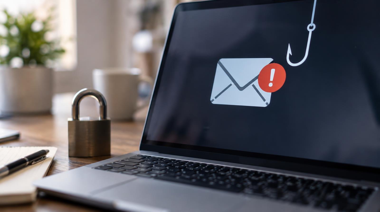 Laptop on a desk showing a suspicious email alert beside a padlock symbol.