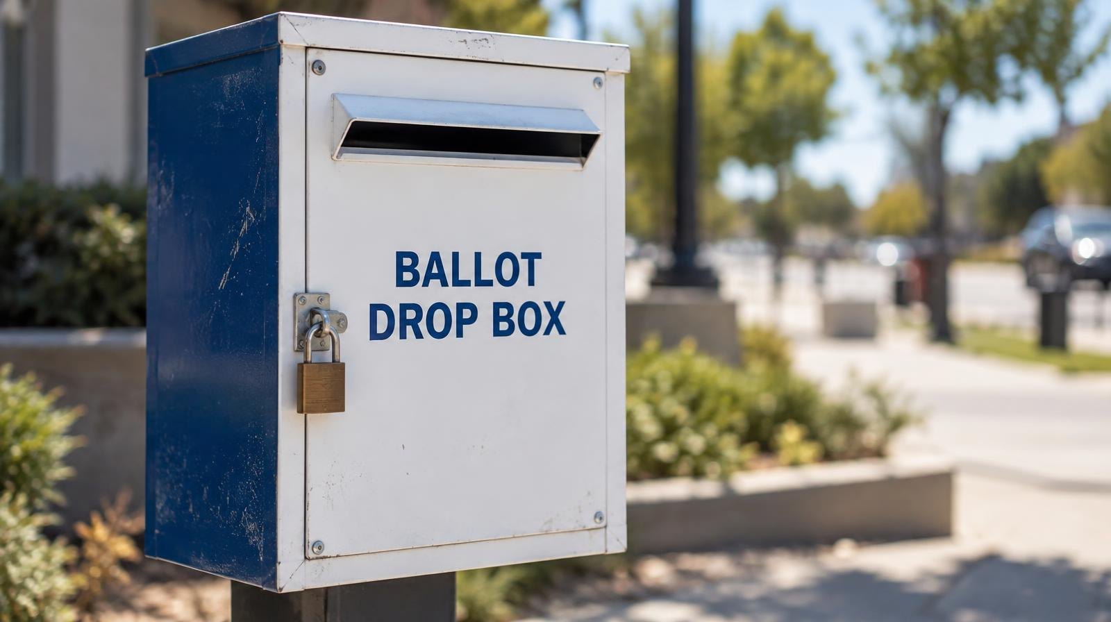 An official ballot drop box mounted on a post on a sunny sidewalk.