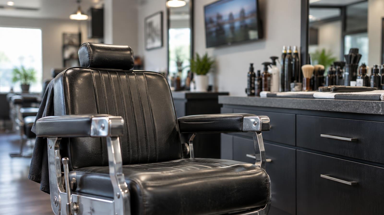 A classic barber chair at a grooming station with a flat-screen TV on the wall.