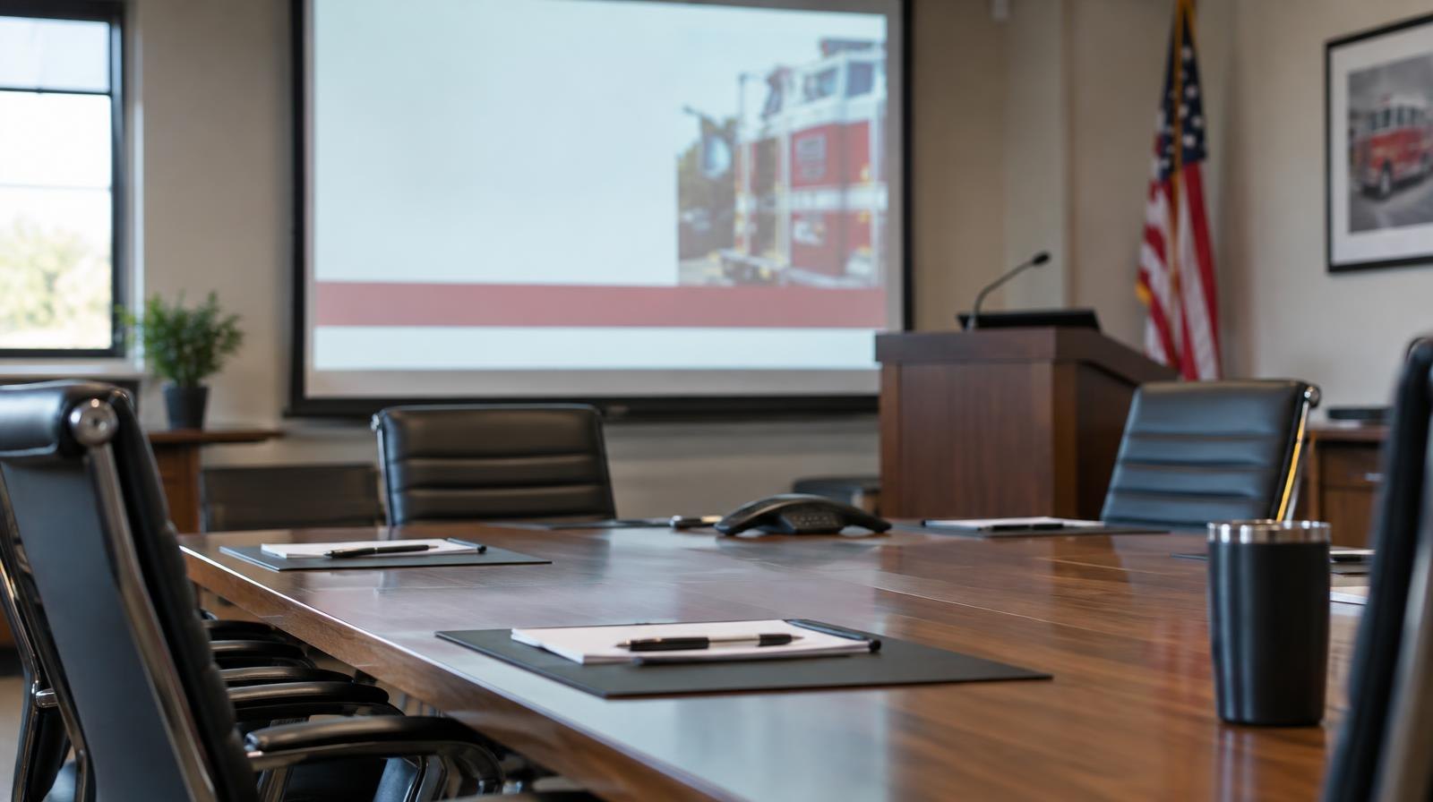 Empty conference room with a long table, chairs, and a projector screen at the front.