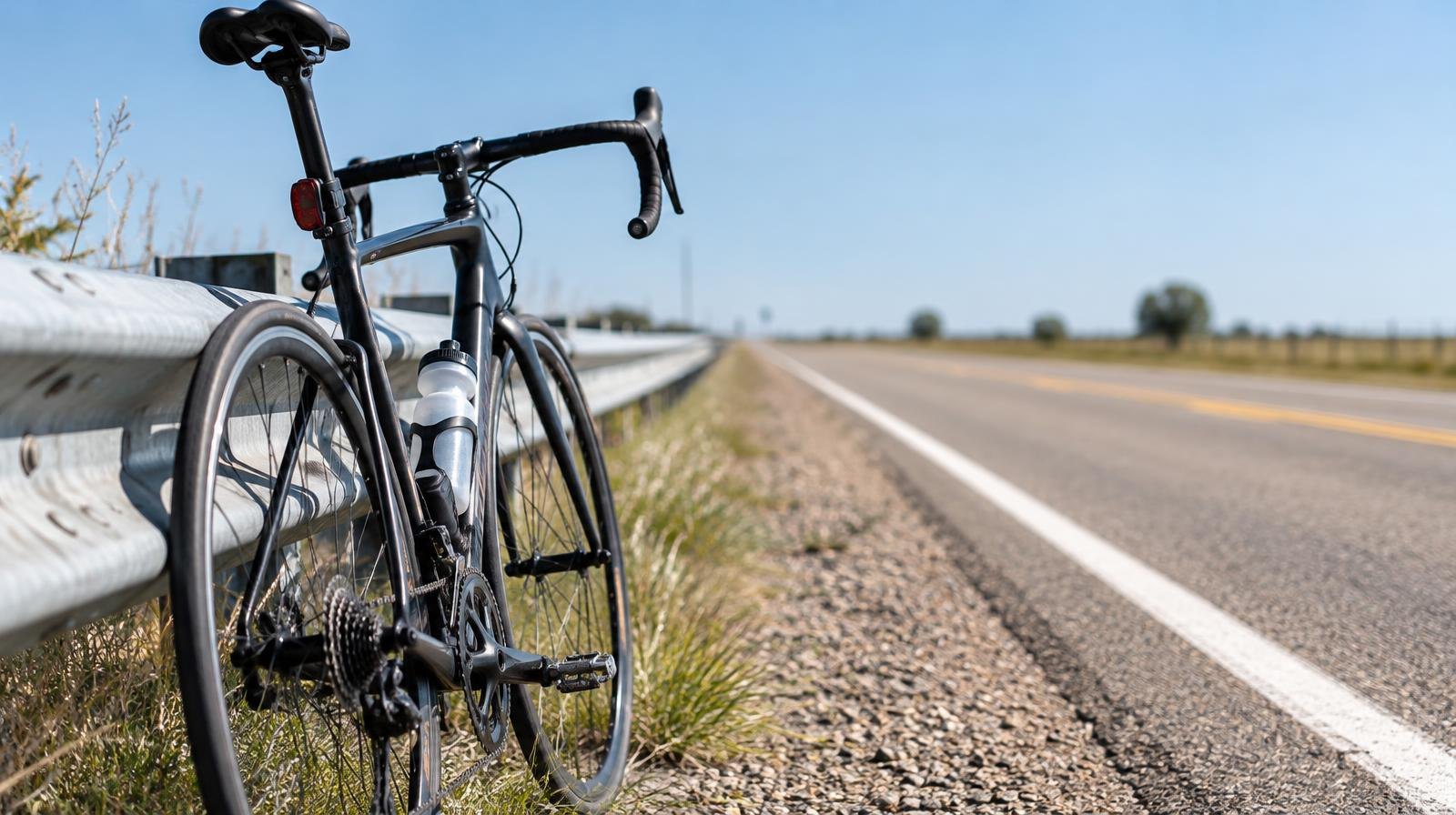 A road bicycle leaning against a metal guardrail on the shoulder of a paved rural road.