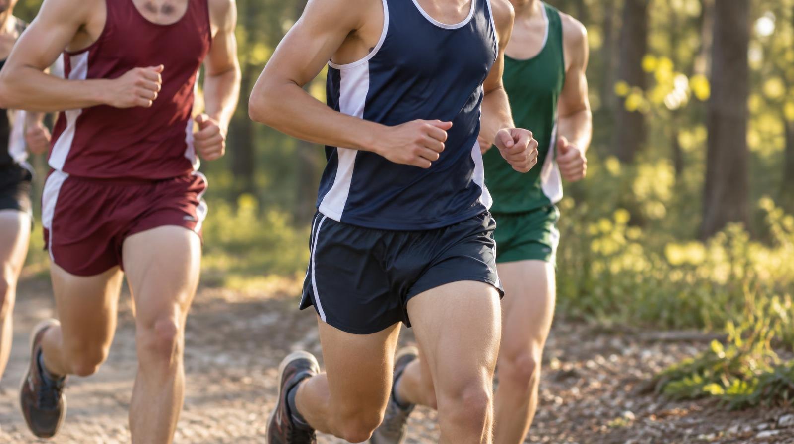 Runners in athletic gear move along a wooded trail in warm afternoon light.
