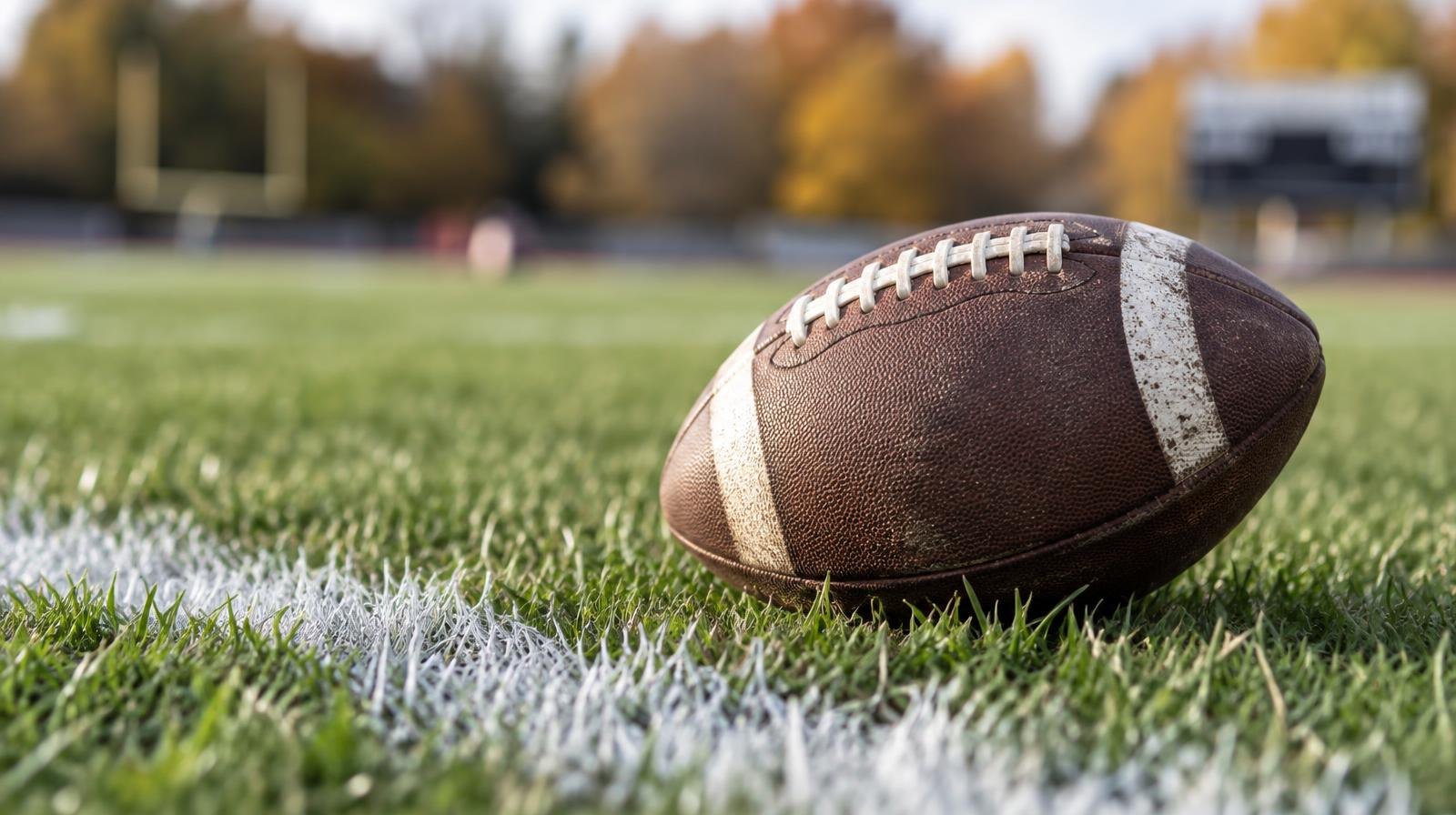 An American football resting on green grass beside a white painted yard line.