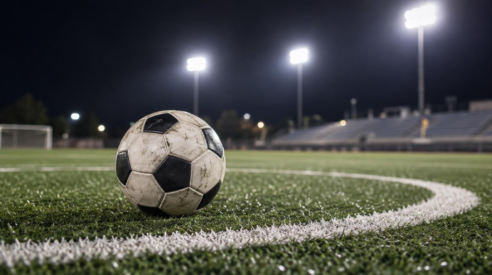 A soccer ball rests on the center circle of a turf field under bright stadium lights.