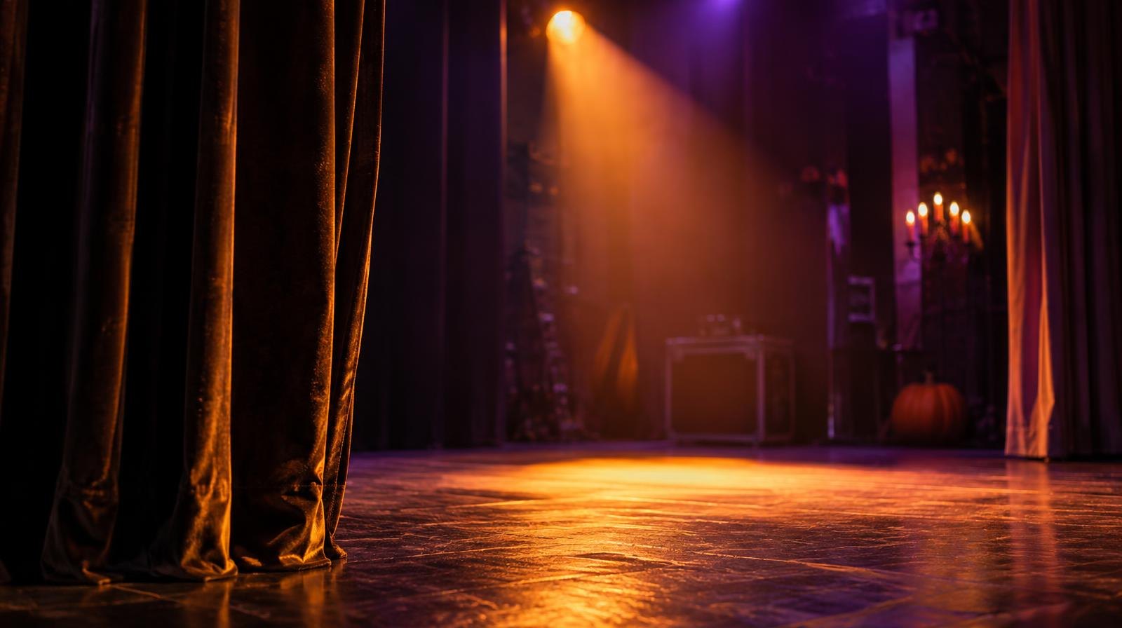 Empty theater stage lit with orange and purple dramatic lighting.