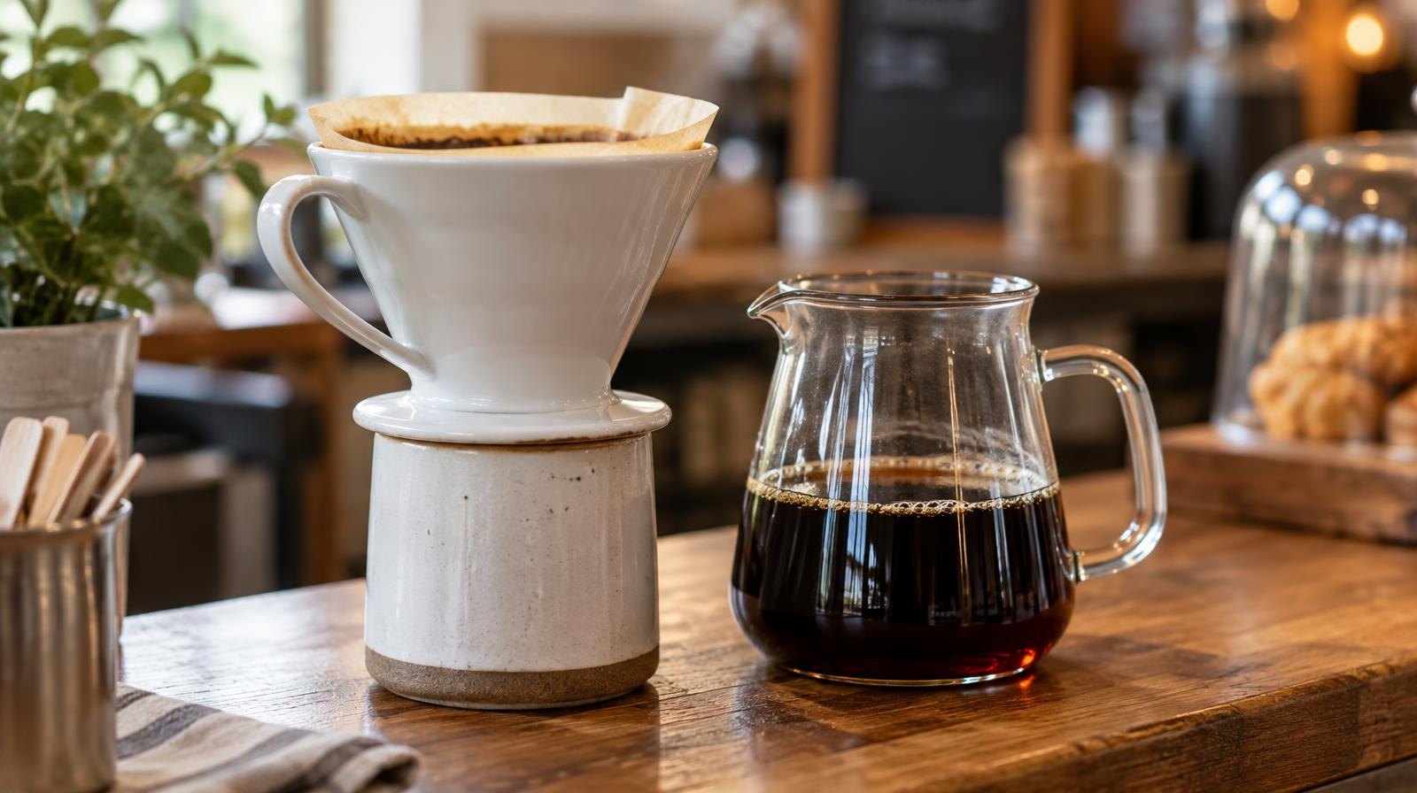 Ceramic pour-over coffee dripper beside a small glass carafe on a wooden counter.