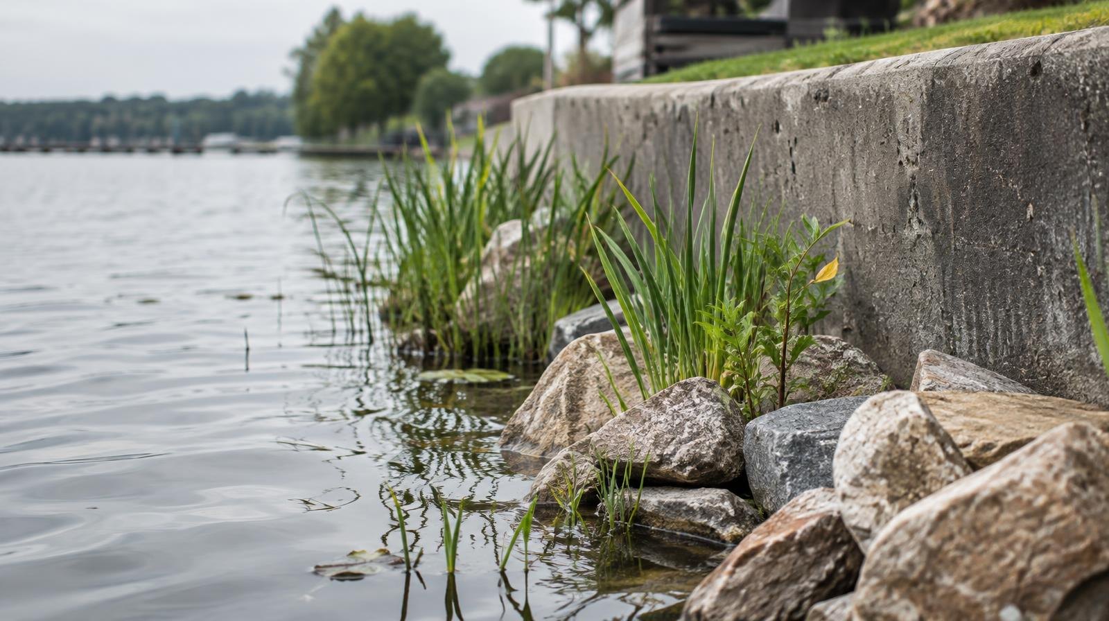 Concrete seawall along a calm lake shore with native plants replacing part of the wall.